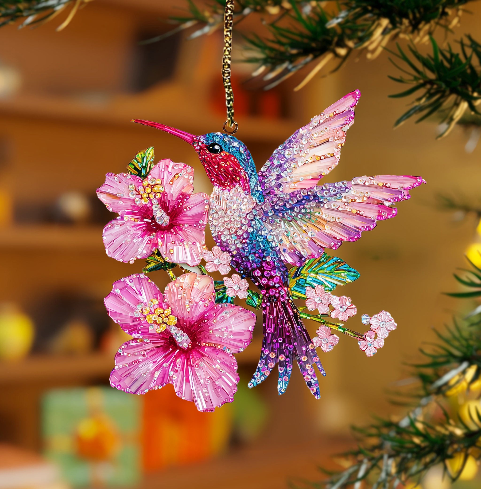 Acrylic Ornament Sparkling Floral Hummingbird Cozy Wearable Merch Keepsake Stylish Holiday Ornament Design