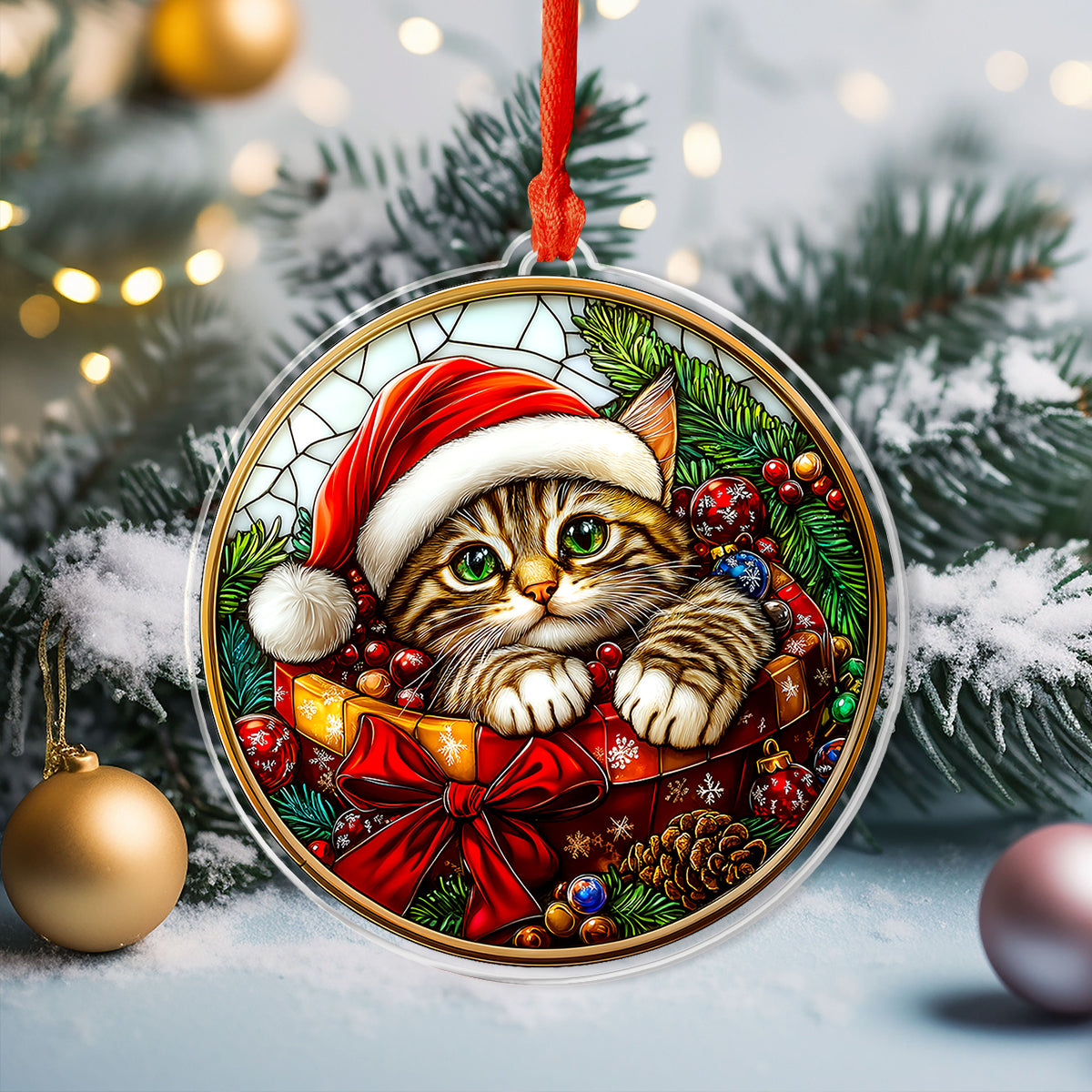 Acrylic Ornament Stained Glass Cute Cat With Gift Box Festive Christmas Tree Ornament