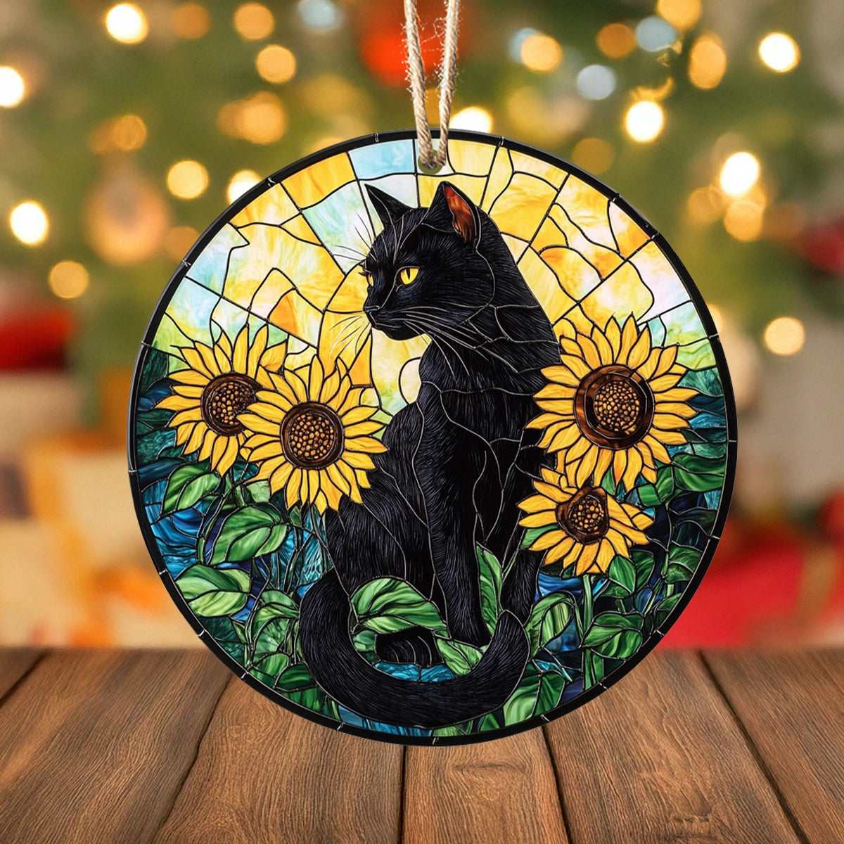 Acrylic Ornament Stained Glass Sunflower Midnight Cat Festive Merch Ornament Design