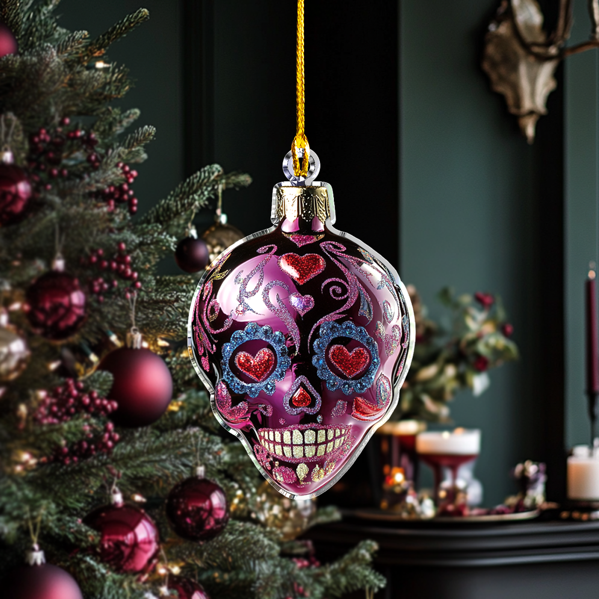 Acrylic Ornament Vibrant Skull Christmas Lights Holiday Merch Collection