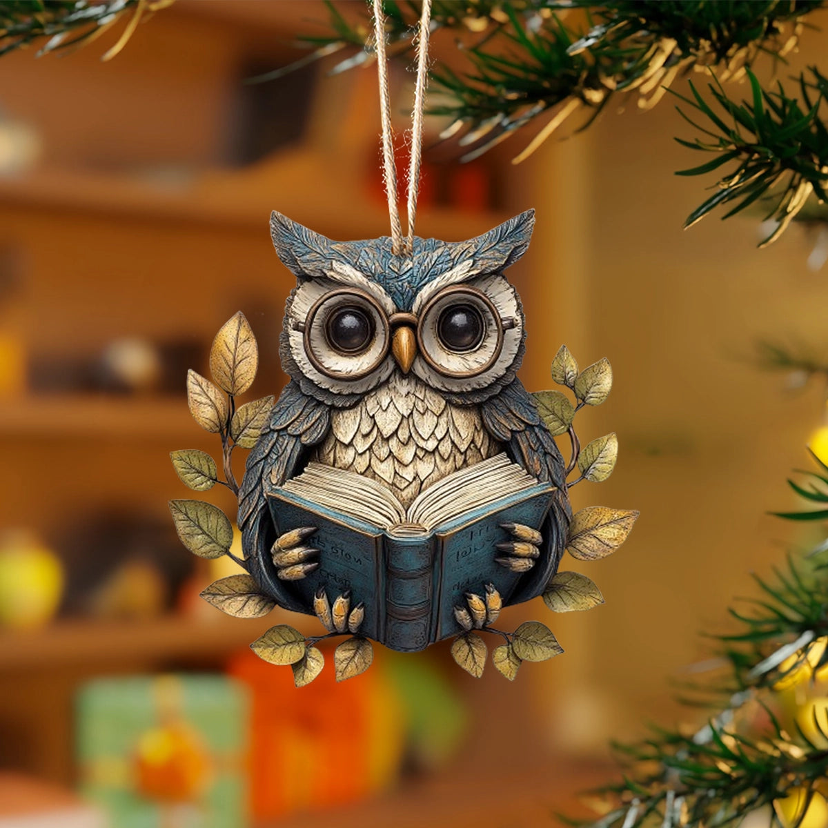 Acrylic Ornament Wise Woodland Owl Reading Festive Merch Ornament Design