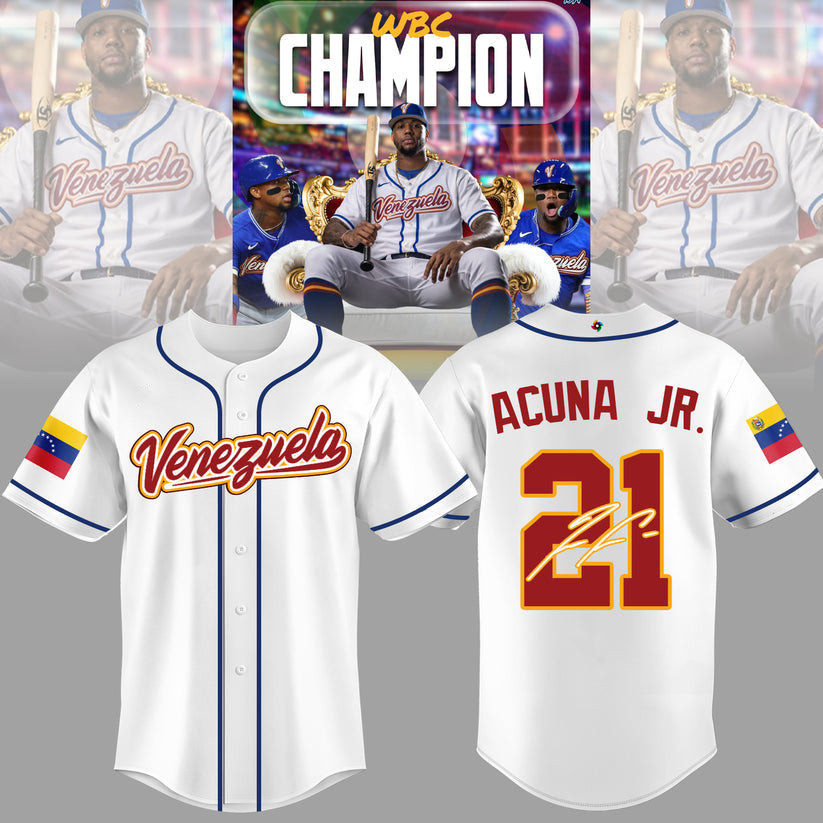 Acuna JR. Venezuela 2026 World Baseball Classic Champions 21 Jersey Game Day Clothes