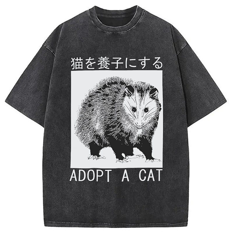 Adopt a Cat Japanese Washed T-Shirt Funny Aesthetic Trendy Apparel Gifts For Him Adopt a Cat Japanese Washed T-Shirt Funny Aesthetic Trendy Apparel Gifts For Him