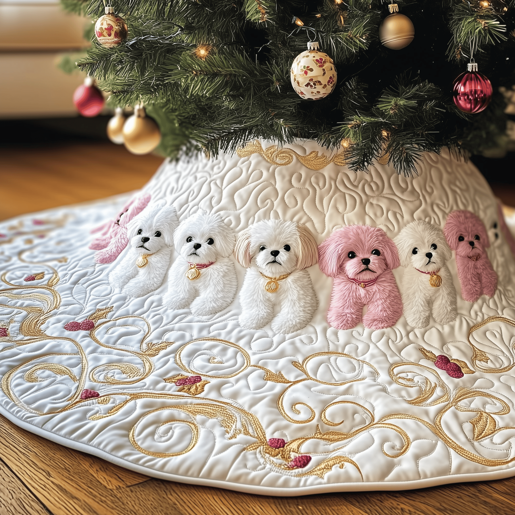 Adorable Bichon Frise Quilted Tree Skirt Christmas Tree Base Cover Thoughtful Christmas Gifts For Wife