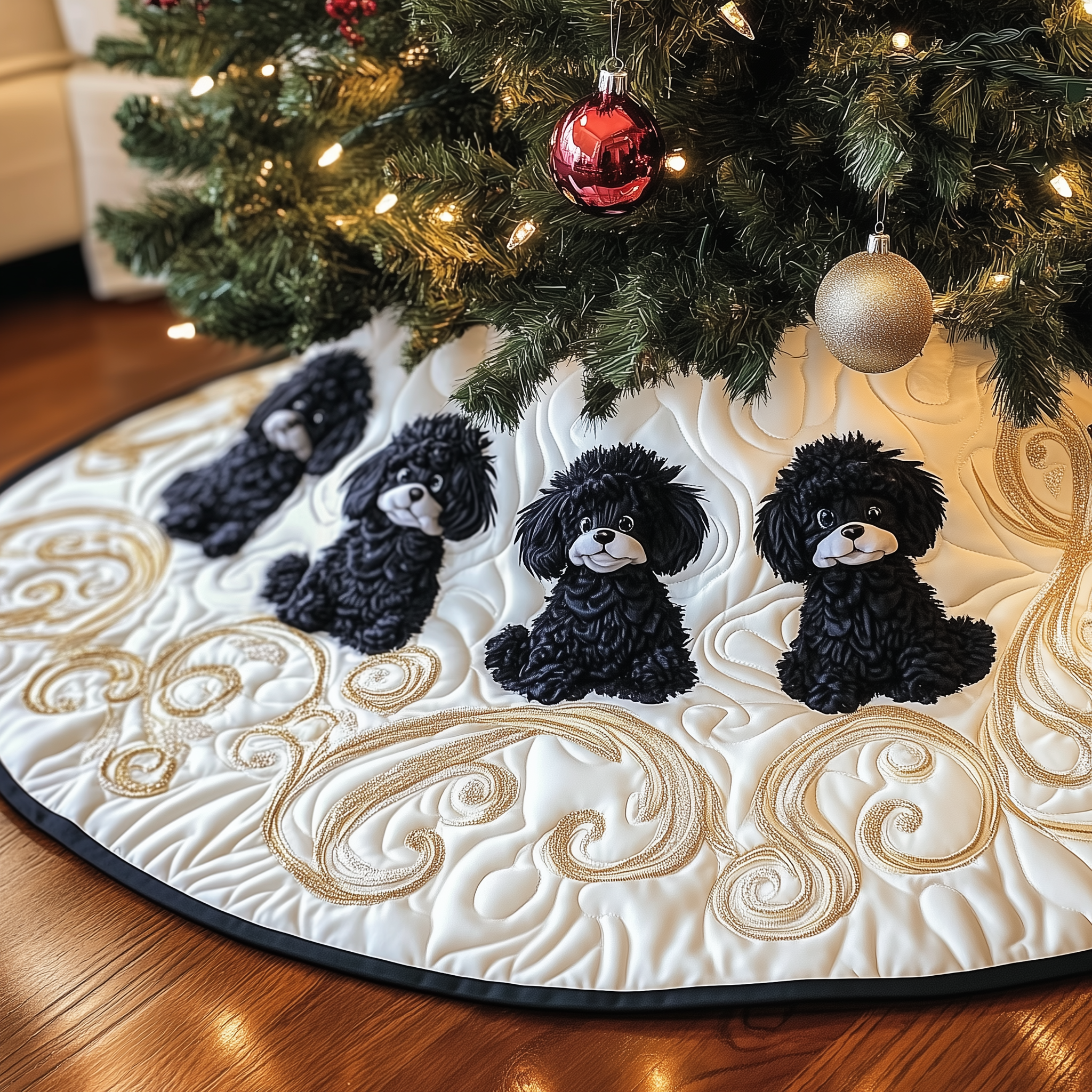 Adorable Black Dog Christmas Tree Skirt Quilted Puppy Pattern Perfect Holiday Decoration Gift Idea