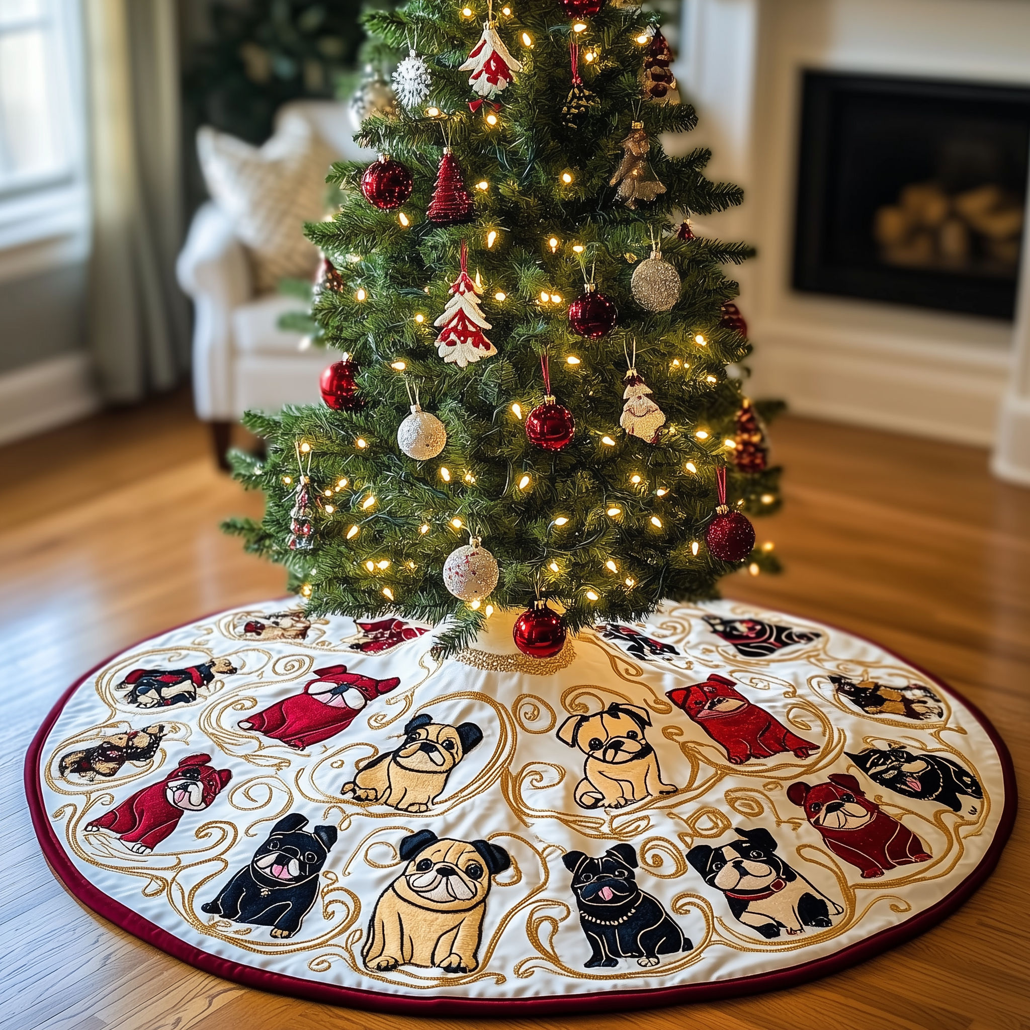 Adorable Bulldog Christmas Tree Skirt Handcrafted Quilted Dog Pattern Holiday Decoration
