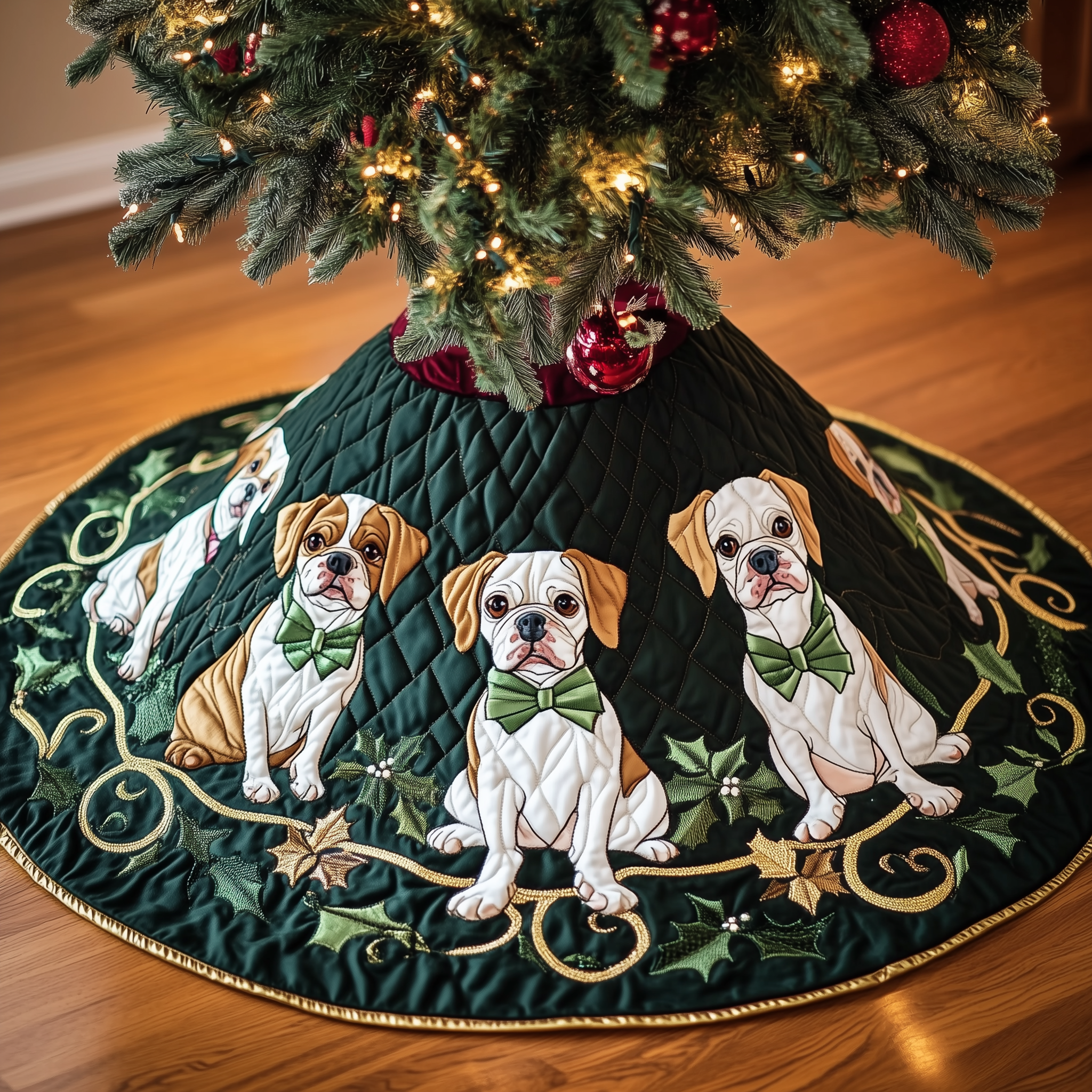 Adorable Bulldog Christmas Tree Skirt Quilted Dog Lover Holiday Decoration Gift Idea
