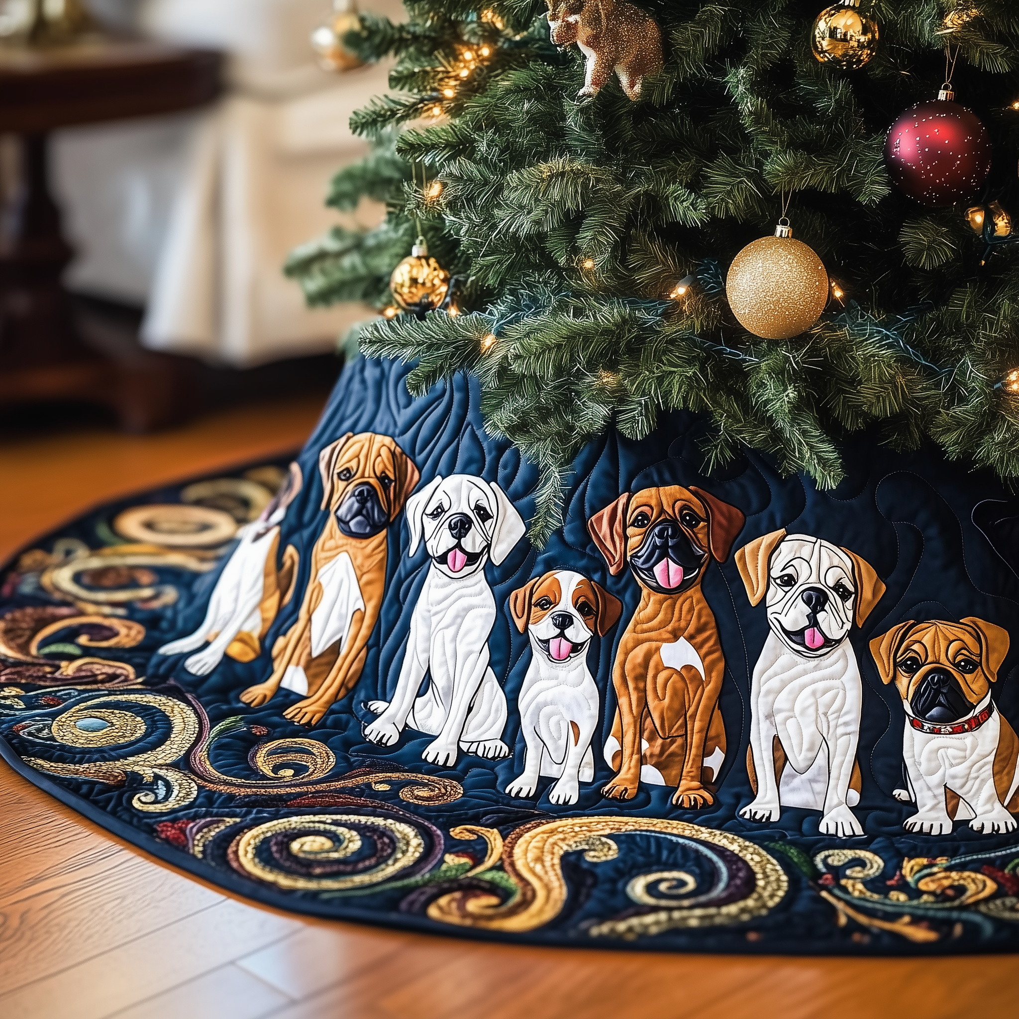 Adorable Bulldog Christmas Tree Skirt Quilted Handmade Dog Gift for Holiday Celebration