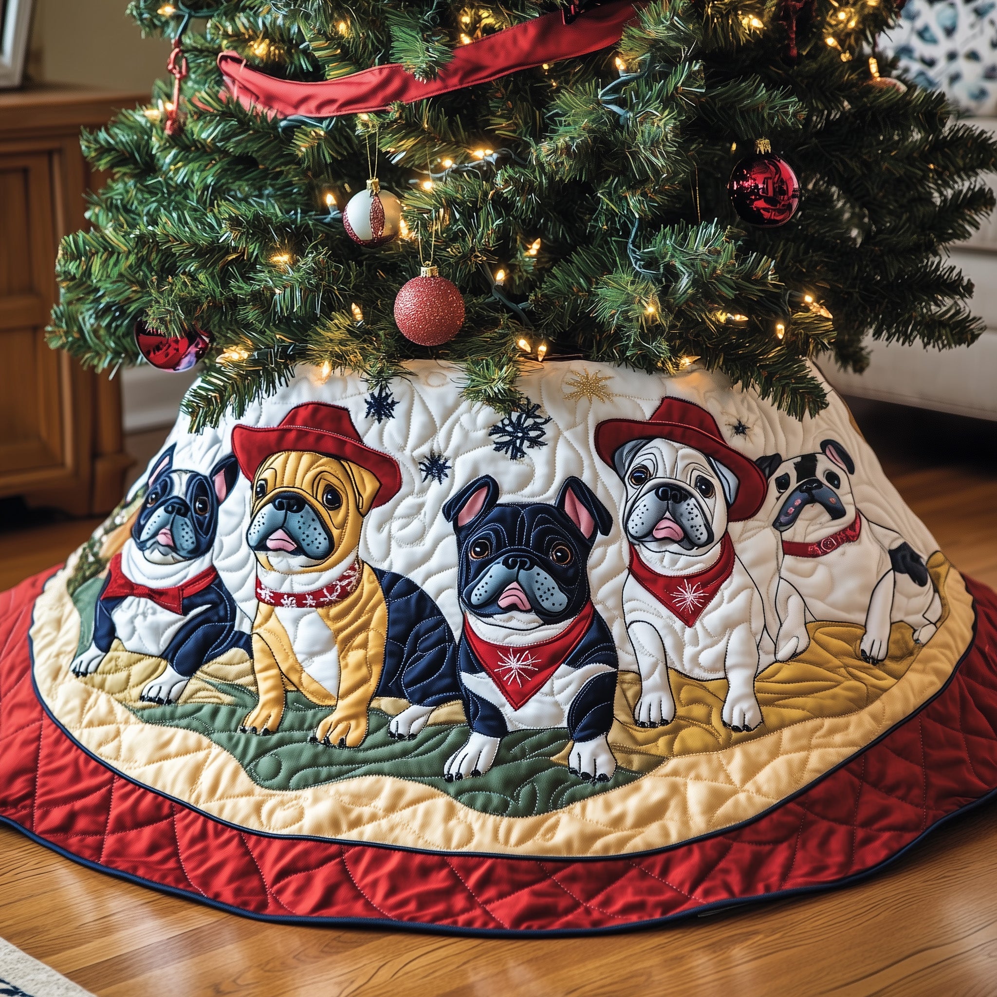Adorable Bulldog Christmas Tree Surround Quilted Multicolor Dog Pattern Perfect Holiday Gift