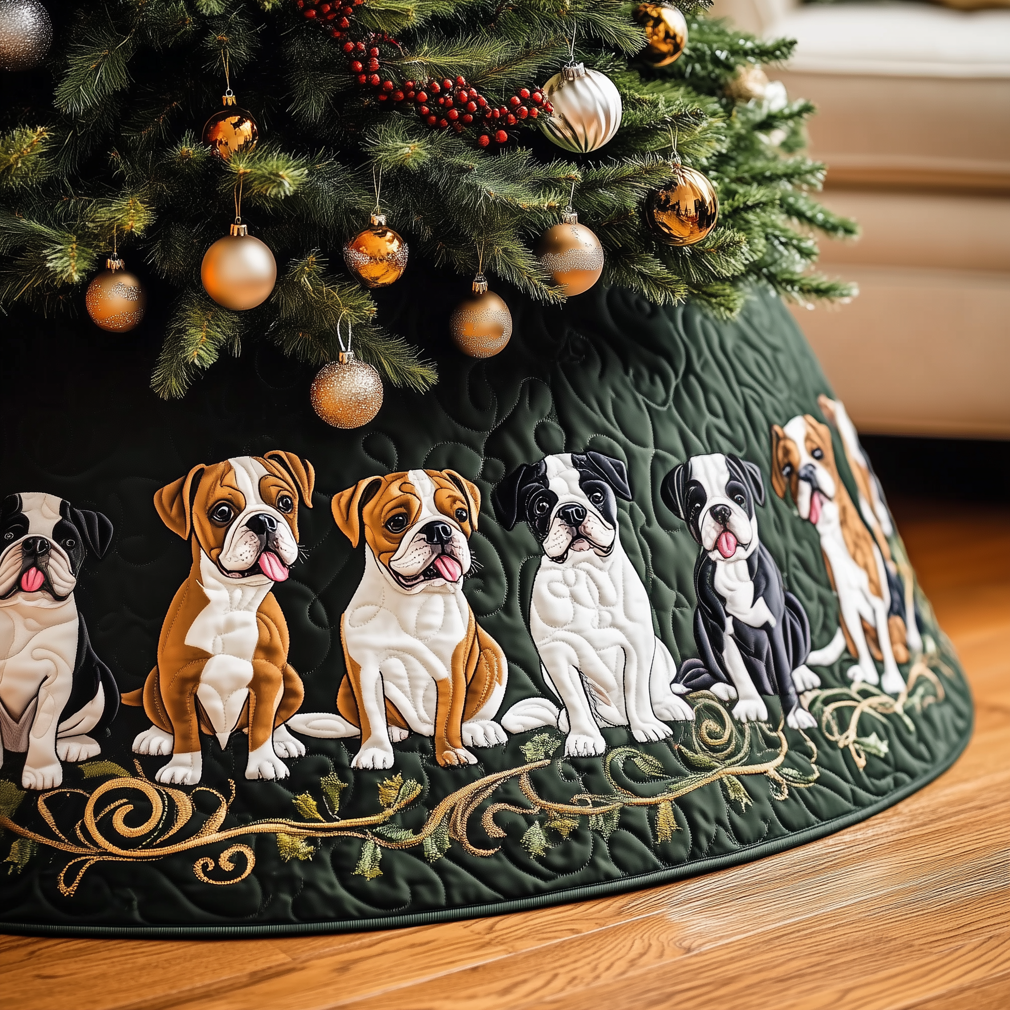 Adorable Bulldog Design Christmas Tree Skirt Quilted Dog Gift for Festive Home Decor