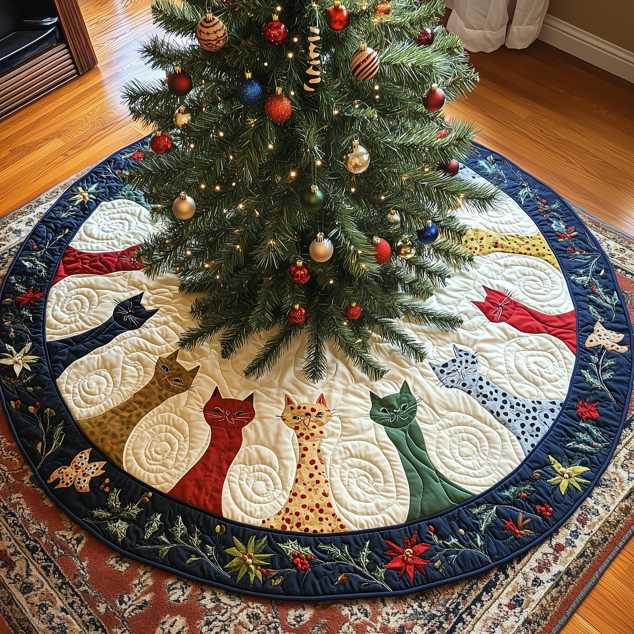 Adorable Cat Christmas Tree Skirt Quilted Colorful Kitty Pattern Holiday Decor Gift