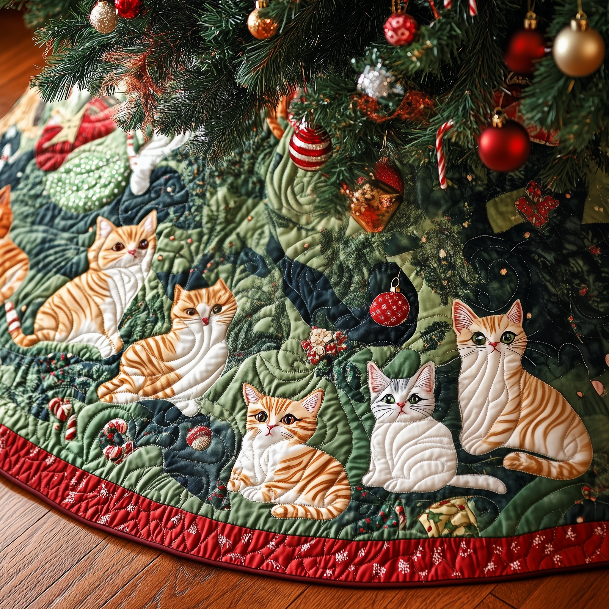 Adorable Cat Christmas Tree Skirt Quilted Kitty Design Handmade Holiday Decoration Gift