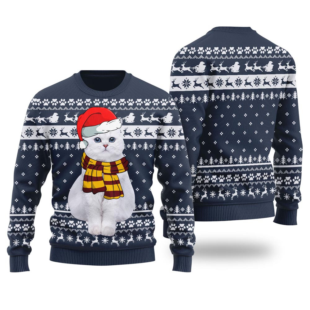 Adorable Cat Custom Pet Christmas Sweater Navy Ugly Sweaters For Christmas