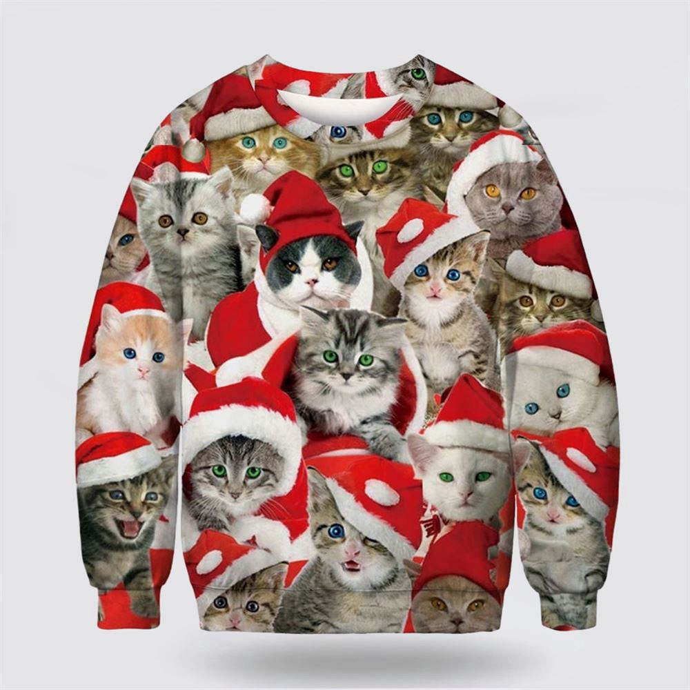 Adorable Cat with Red Hat Ugly Christmas Sweater Christmas Unisex Sweater Funny Christmas Sweater