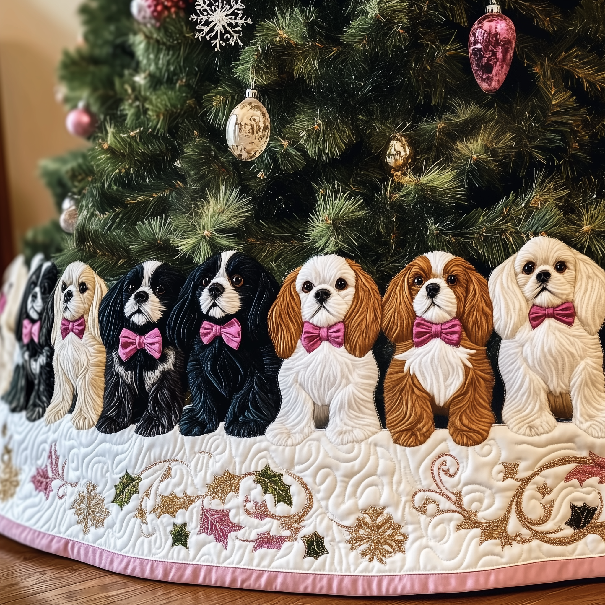 Adorable Cavalier Dog Christmas Tree Skirt Quilted Puppy Pattern Holiday Gift for Home