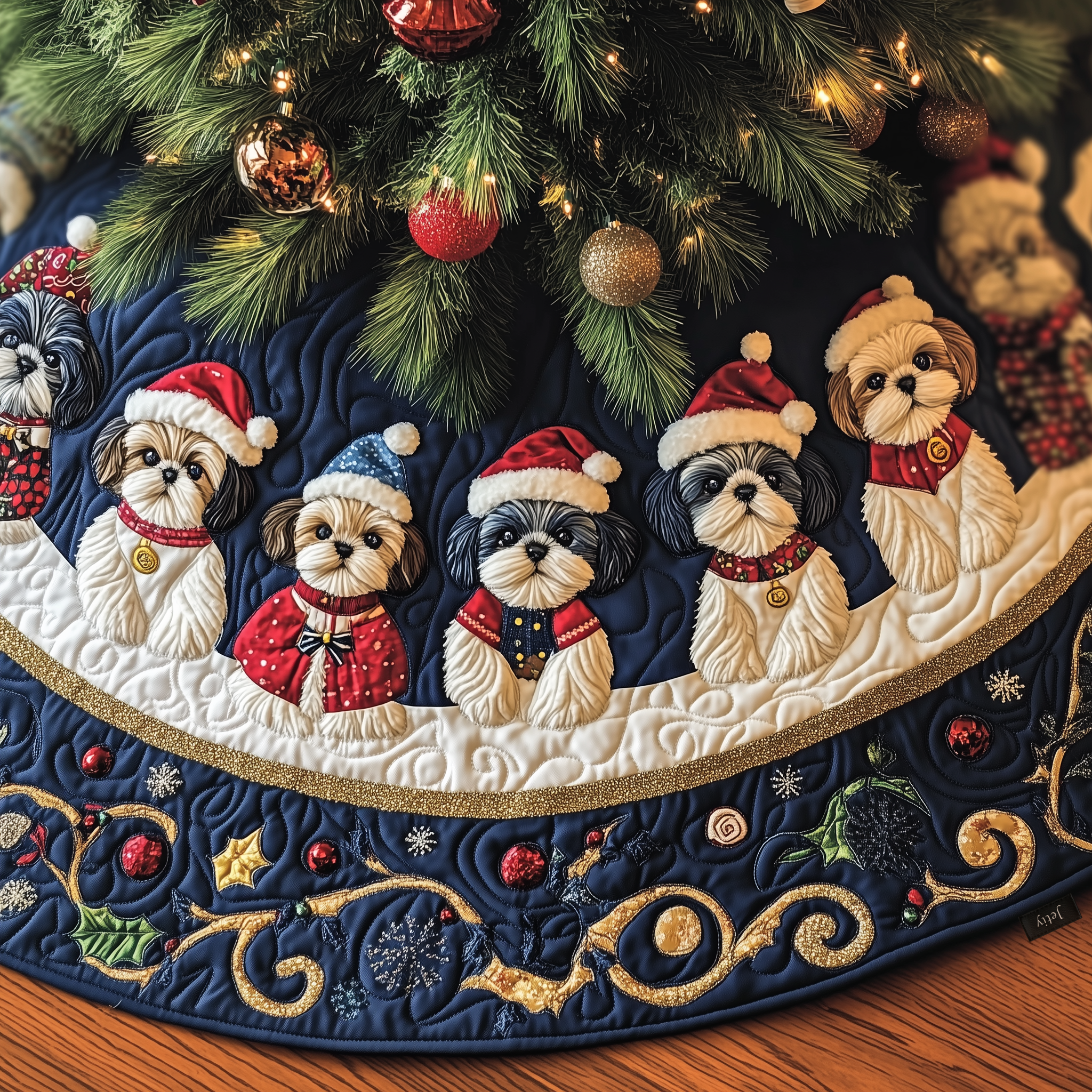 Adorable Christmas Shih Tzu Quilted Tree Skirt Merch For Couples