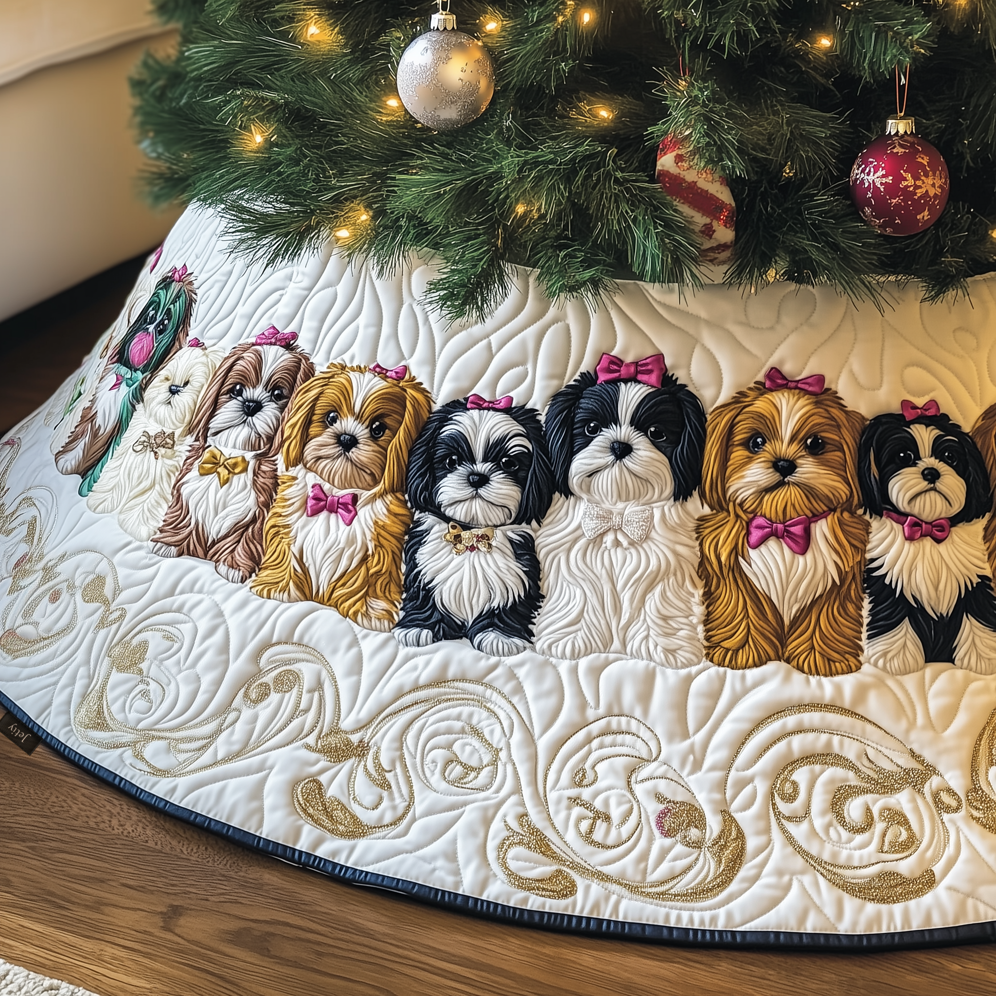 Adorable Christmas Shih Tzu Quilted Tree Skirt Merch For Dad