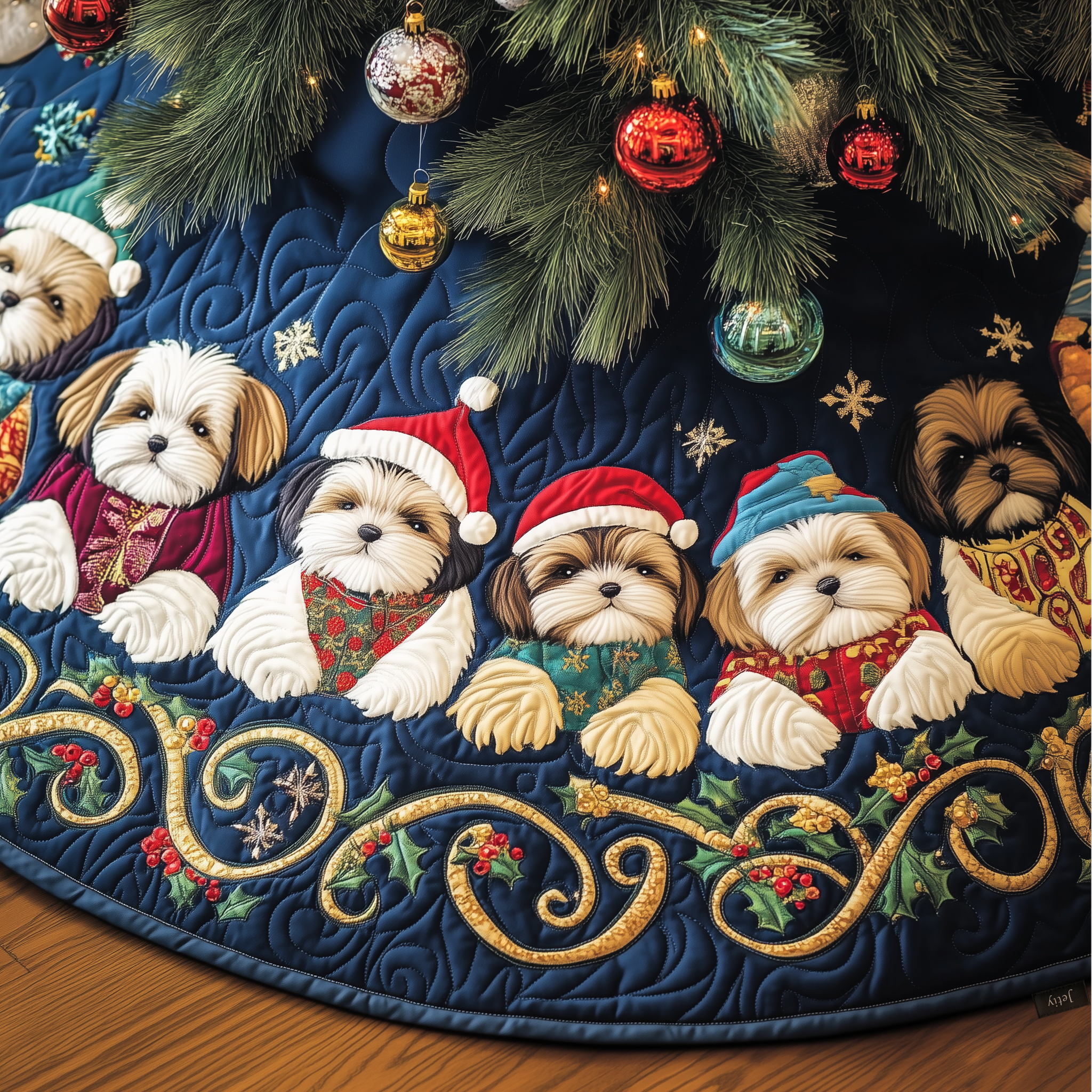 Adorable Christmas Shih Tzu Quilted Tree Skirt Summer Merch Vibes