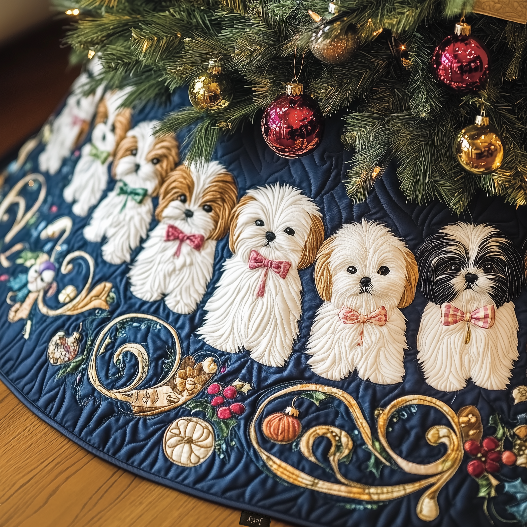 Adorable Christmas Shih Tzu Quilted Tree Skirt Xmas Tree Base Cover Decorations Best Gifts For Shih Tzu Lovers