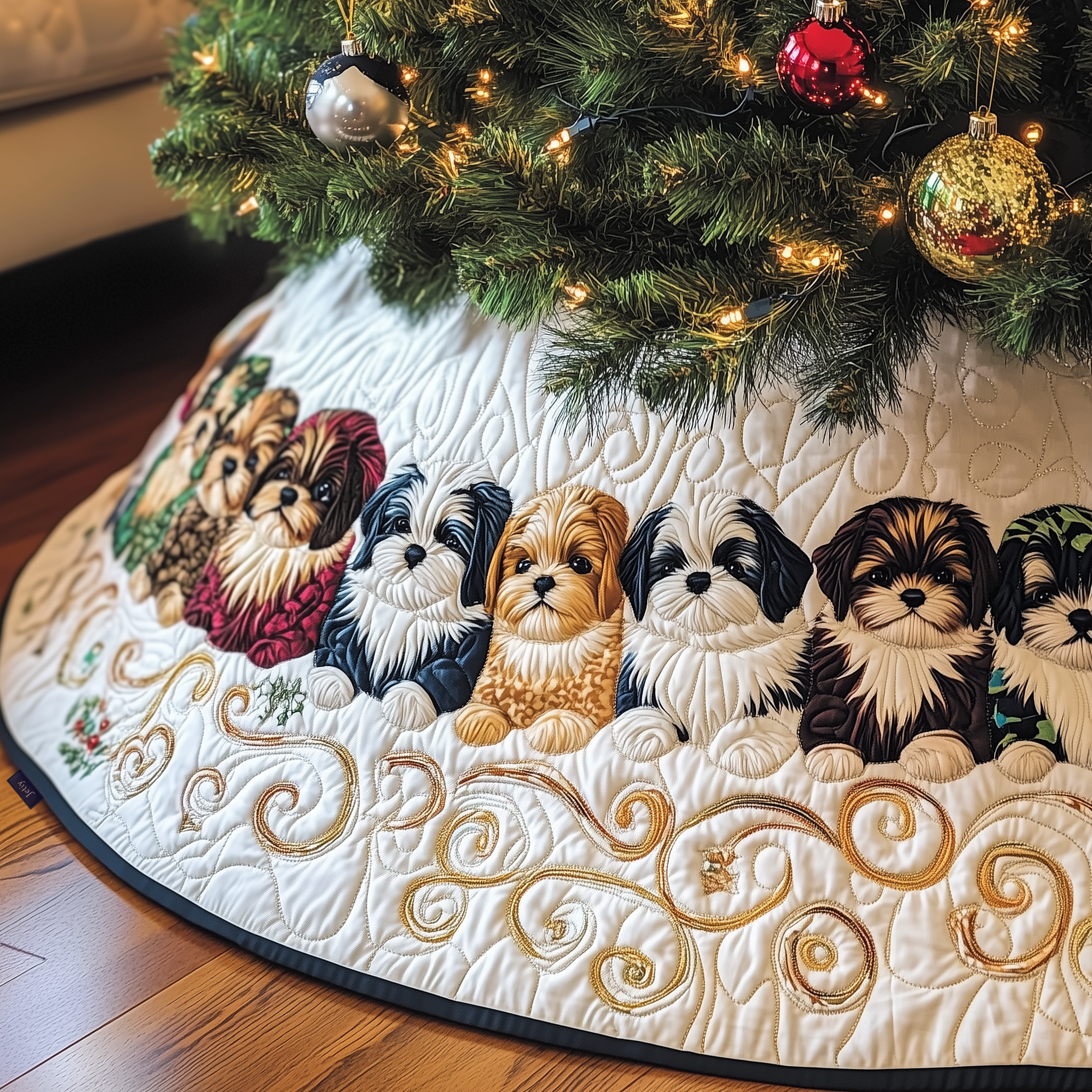 Adorable Christmas Shih Tzu Quilted Tree Skirt Xmas Tree Base Cover Decorations Best Gifts For Shih Tzu Lovers