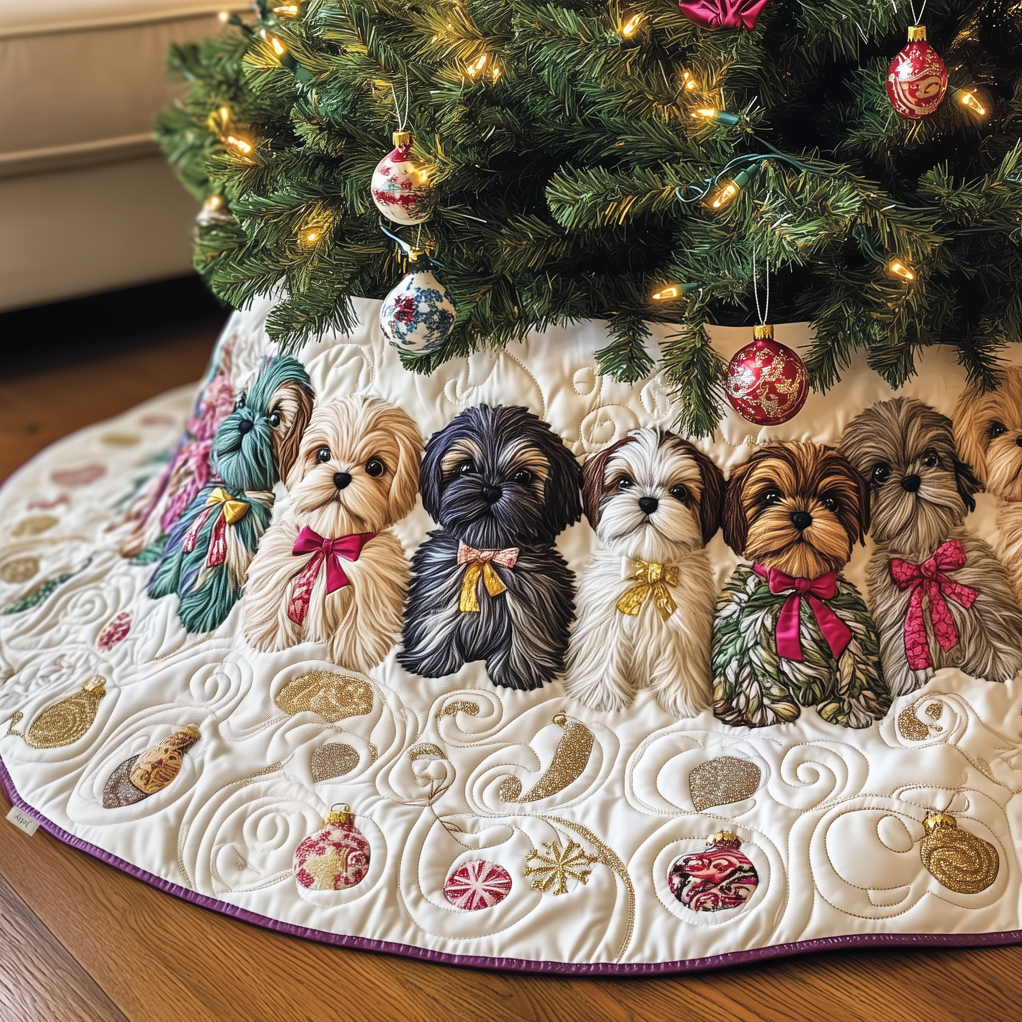 Adorable Christmas Shih Tzu Quilted Tree Skirt Xmas Tree Base Cover Decorations Best Gifts For Shih Tzu Lovers