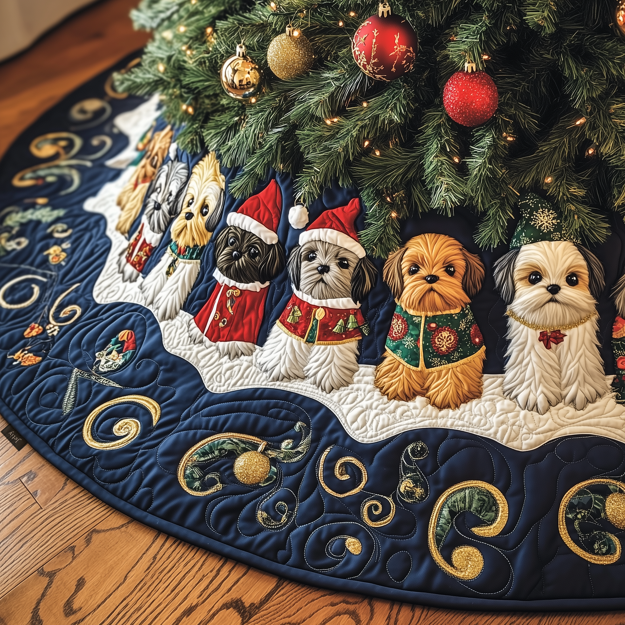 Adorable Christmas Shih Tzu Quilted Tree Skirt Xmas Tree Base Cover Decorations Christmas Best Gifts For Shih Tzu Owners