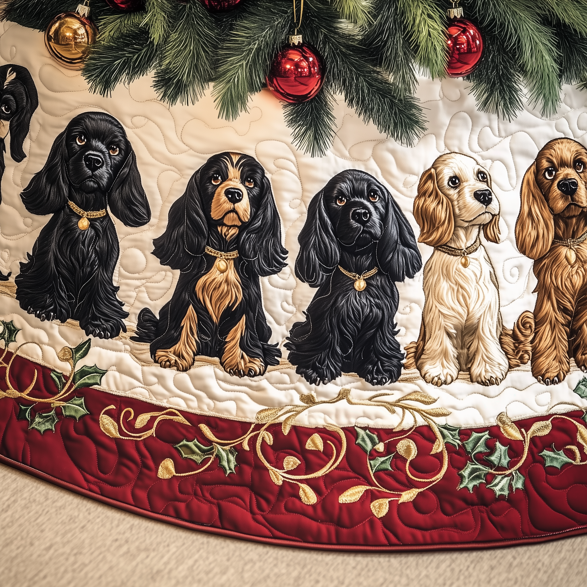 Adorable Cocker Spaniel Christmas Tree Skirt Quilted Dog Lover Holiday Decoration Gift