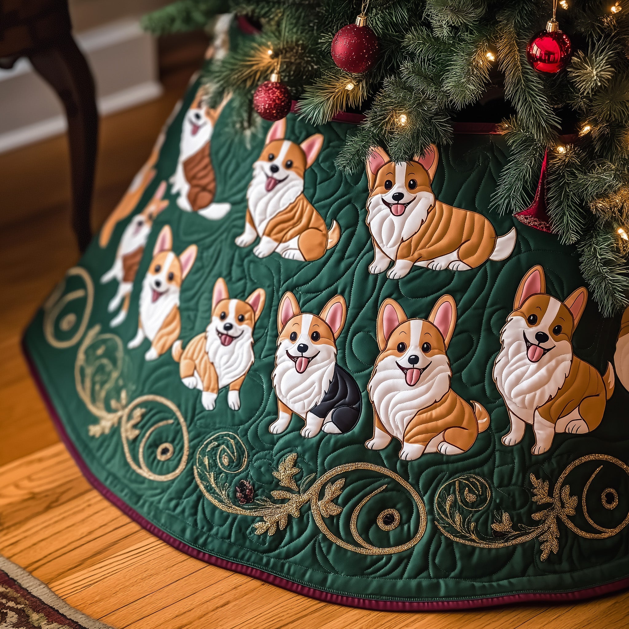 Adorable Corgi Design Christmas Tree Skirt Quilted Pet-Themed Holiday Decoration Gift