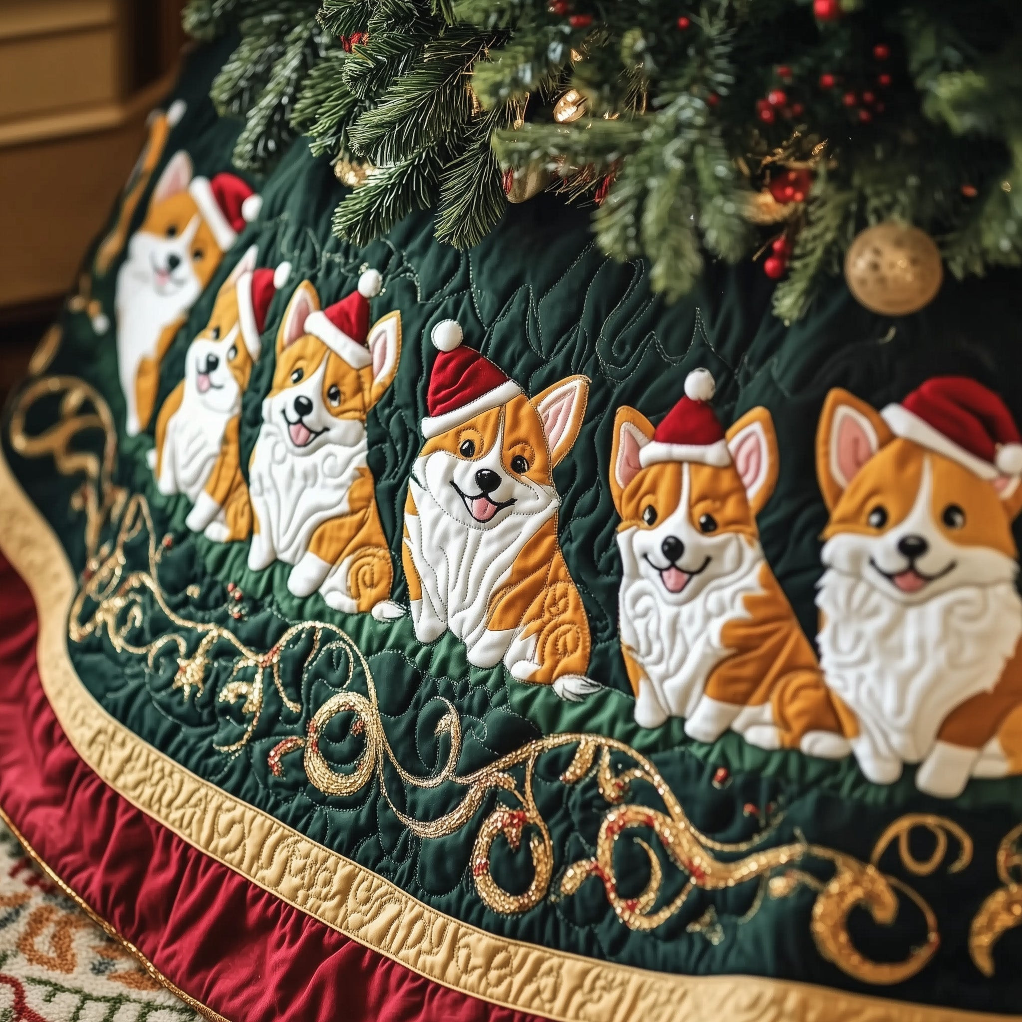 Adorable Corgi Quilted Christmas Tree Skirt Animal Themed Xmas Decor Dog Gift Ideas