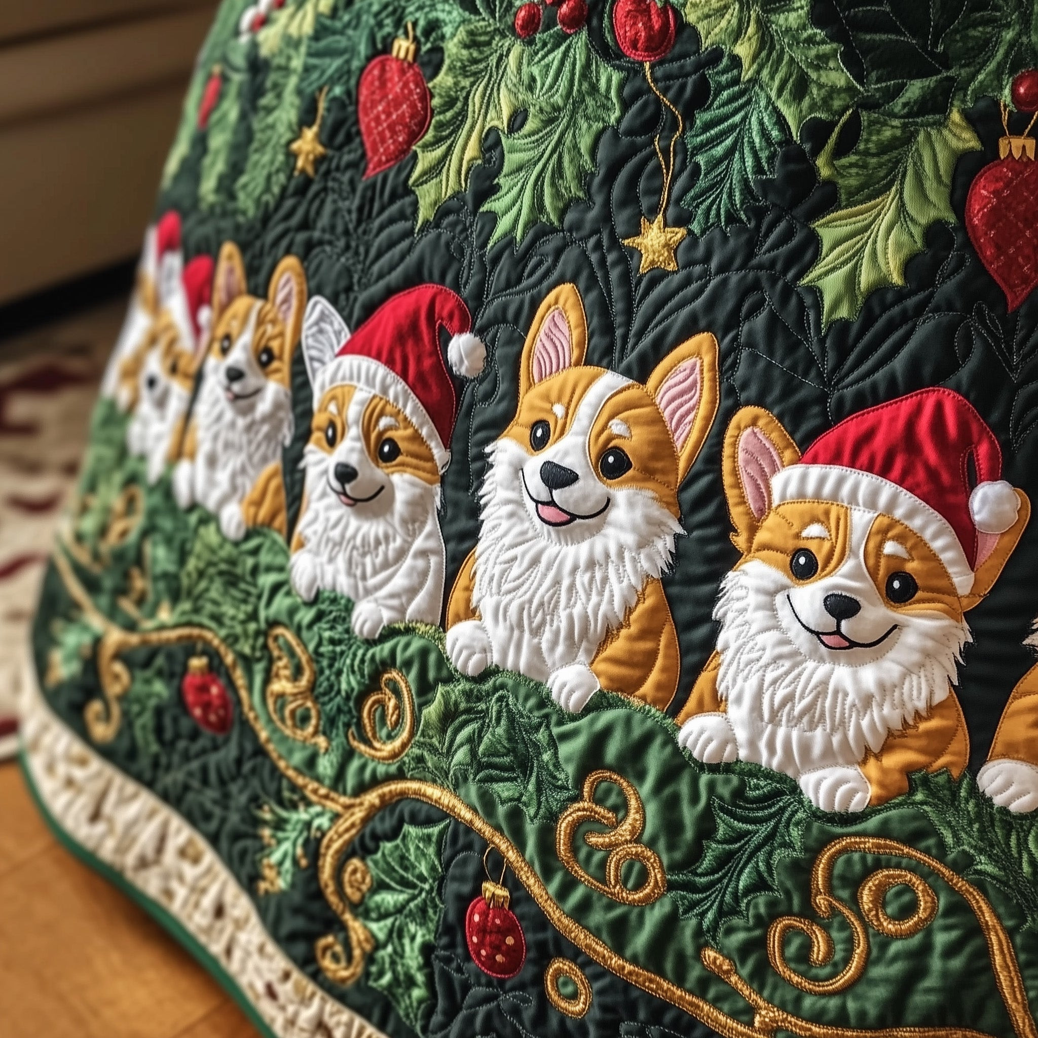 Adorable Corgi Quilted Christmas Tree Skirt Holiday Decoration Gifts For Corgi Lovers