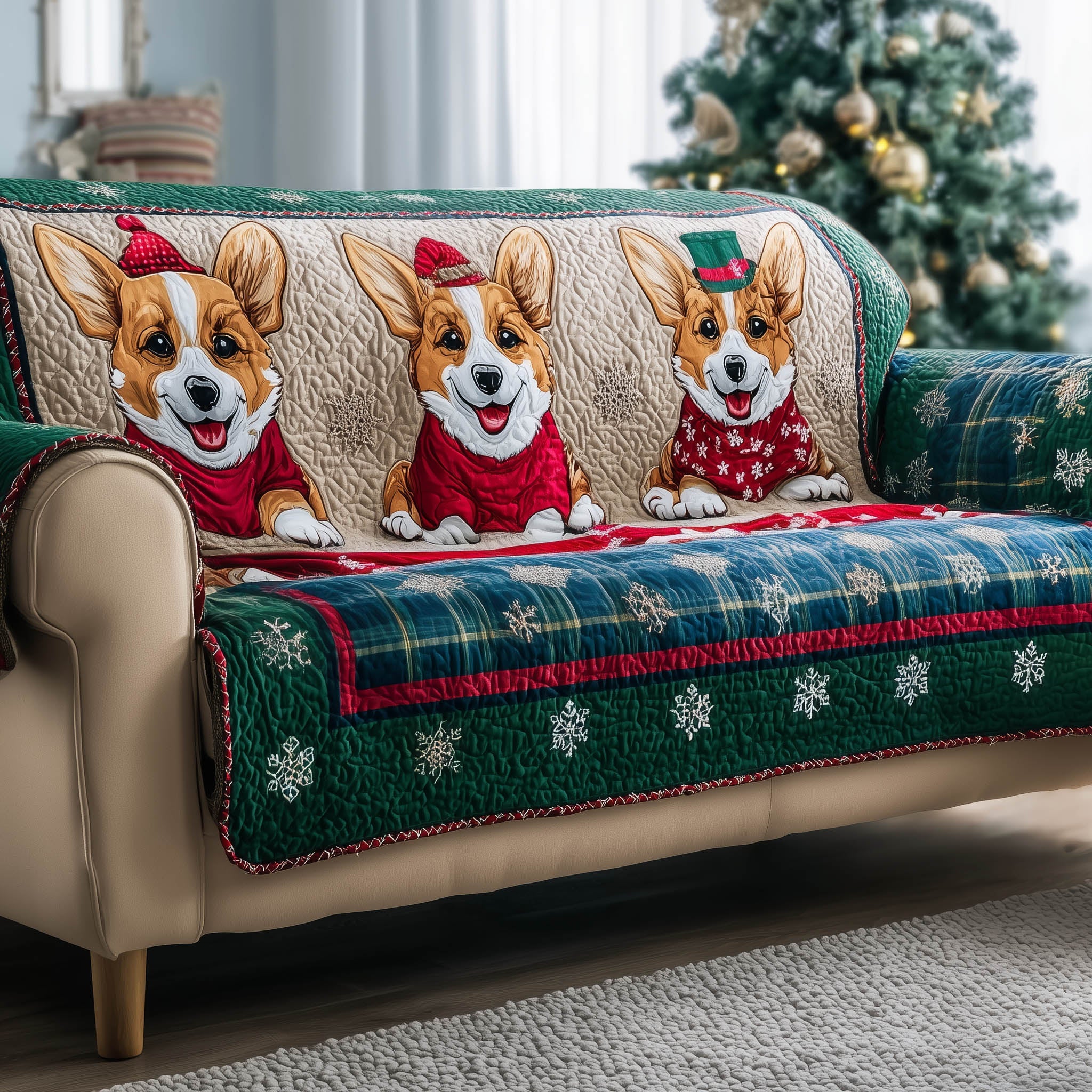 Adorable Corgi Quilted Sofa Cover Cute Puppy Christmas Sofa Protector Corgi Owner Gifts