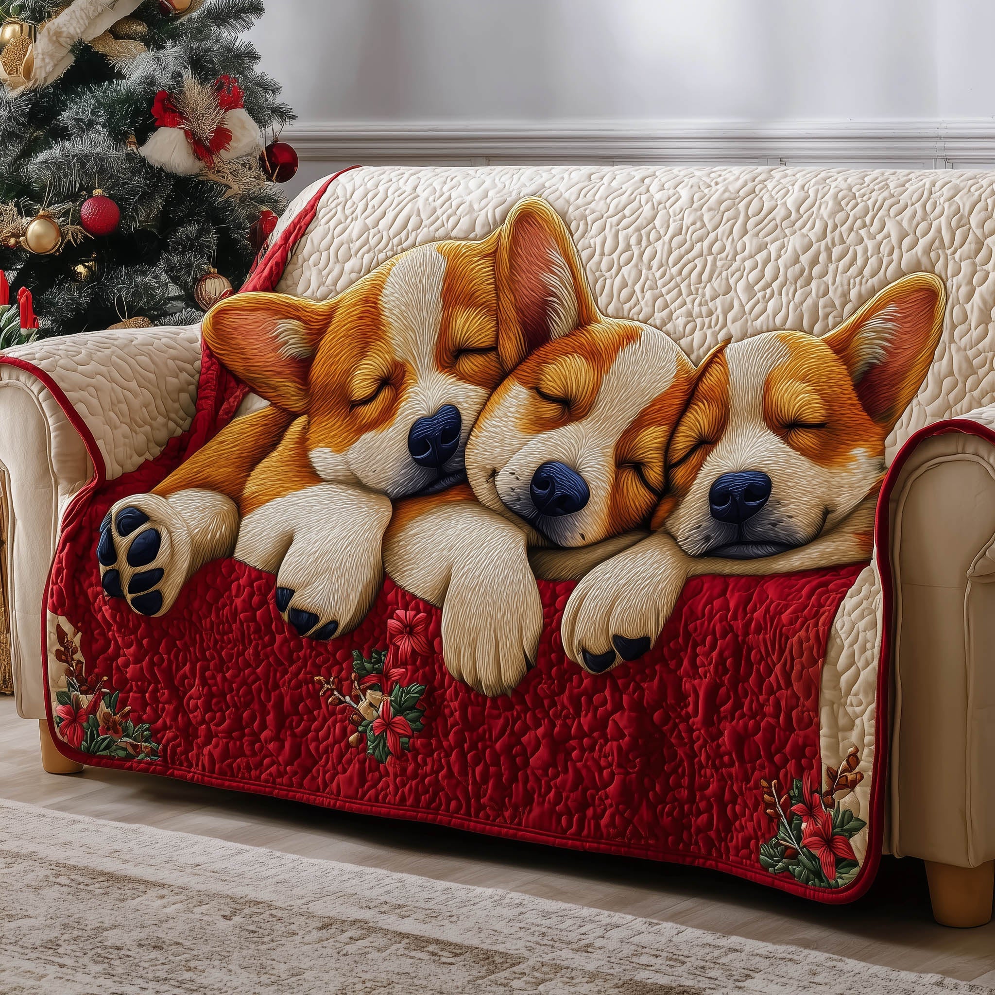 Adorable Corgi Quilted Sofa Cover Happy Fluffy Butt Dog Design Corgi Owner Gifts