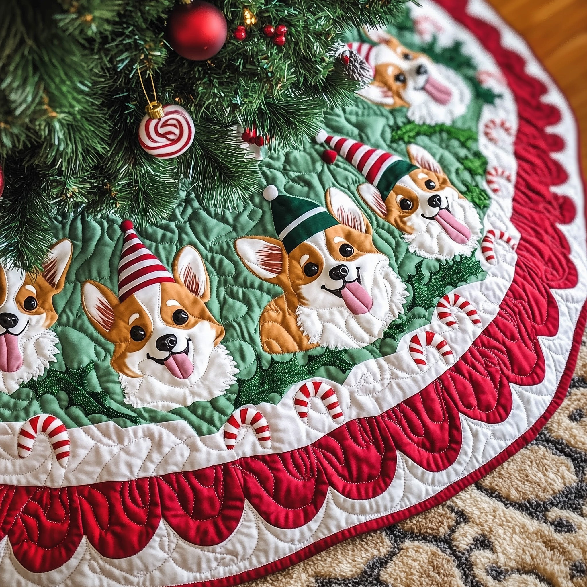 Adorable Corgi Quilted Tree Skirt Animal Themed Christmas Tree Skirt Xmas Decoration Gifts