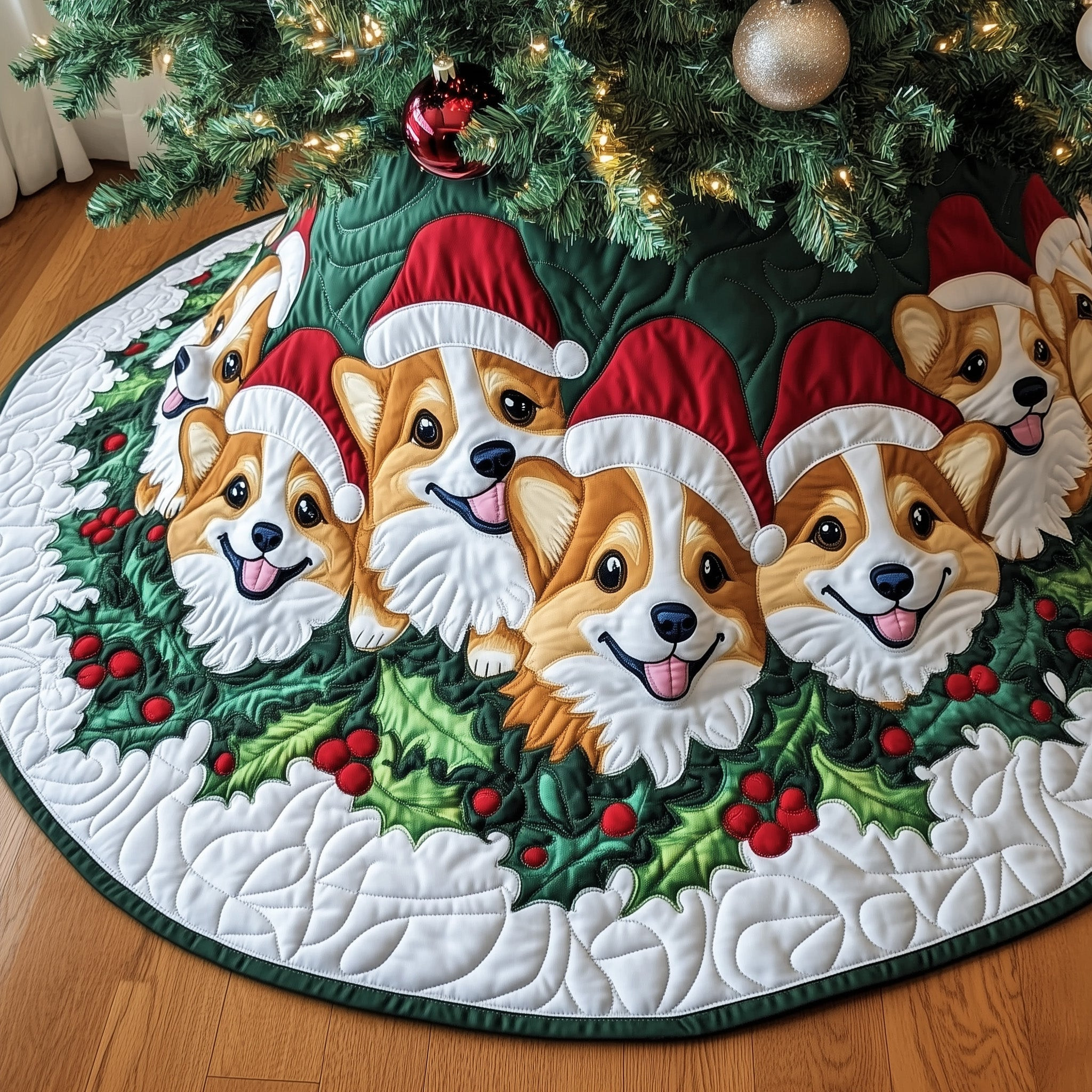 Adorable Corgi Quilted Tree Skirt Winter Decor Christmas Tree Skirt Xmas Gift Ideas