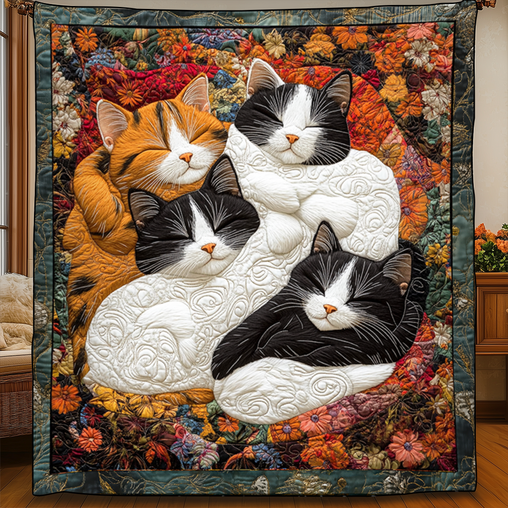 Adorable Cute Fluffy Cat Quilted Blanket Kitten And Flowers Gift Ideas For Cat Owners