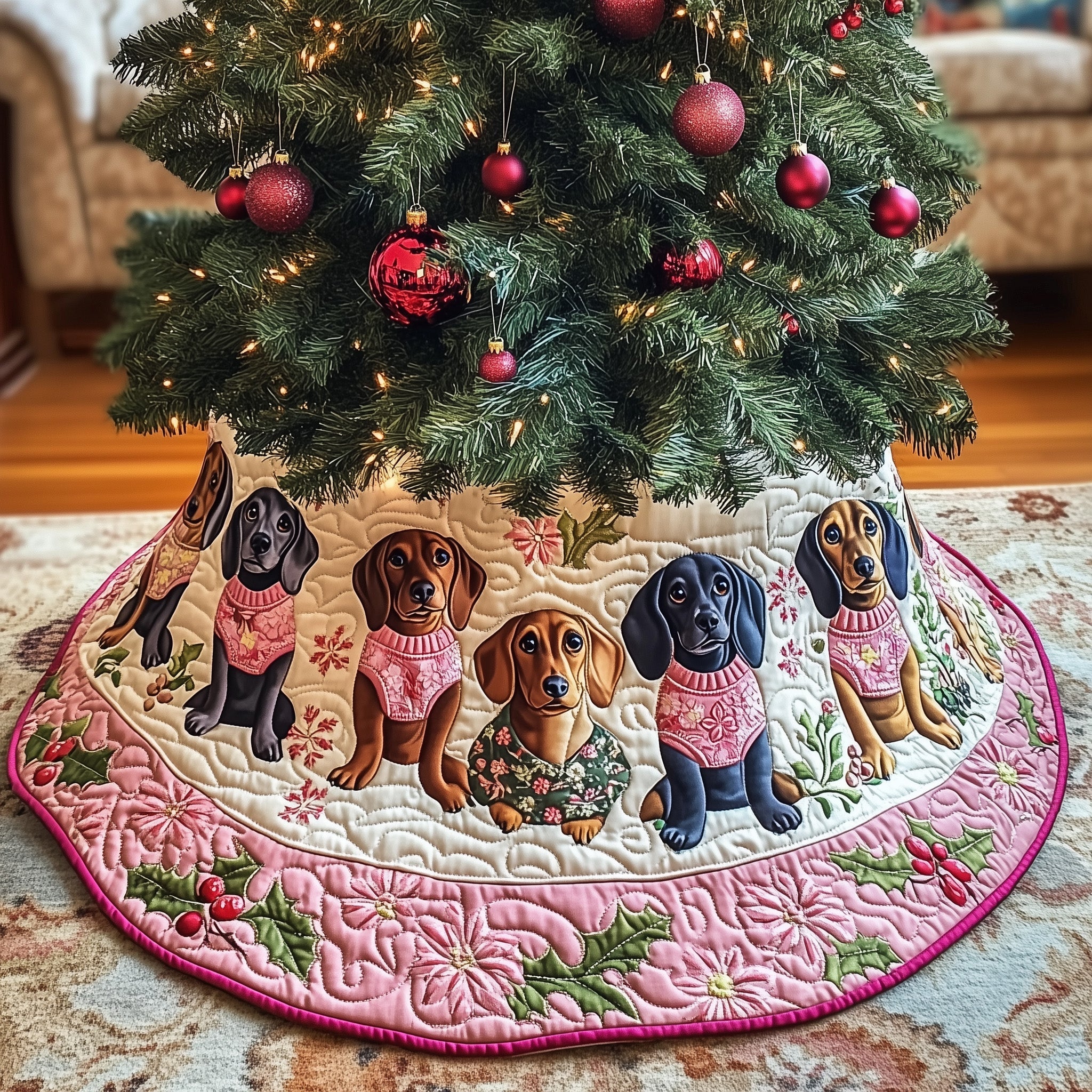 Adorable Dachshund Quilted Tree Skirt Perfect For Christmas Home Decoration
