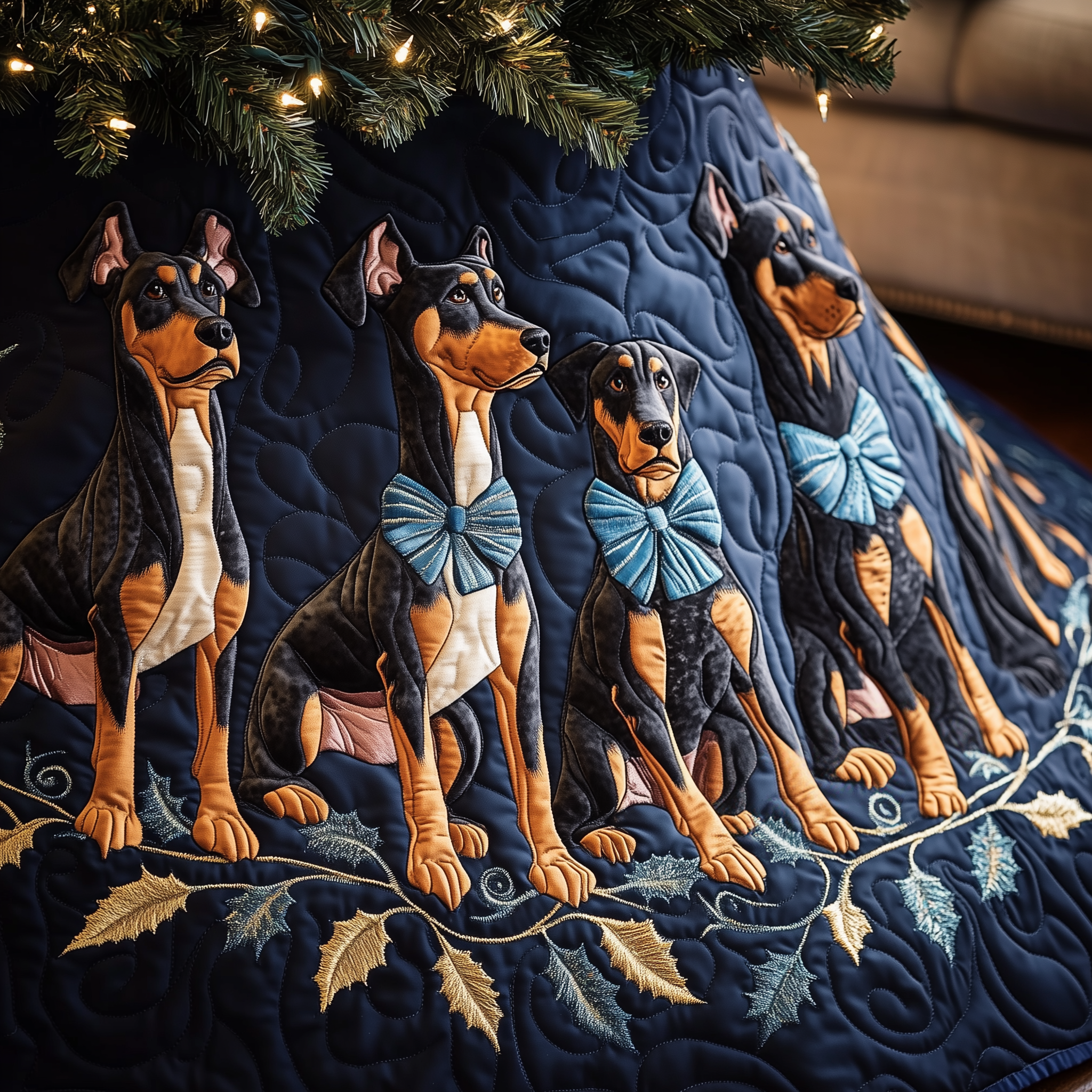 Adorable Doberman Christmas Tree Skirt Quilted Dog Lover Handmade Holiday Decoration Gift