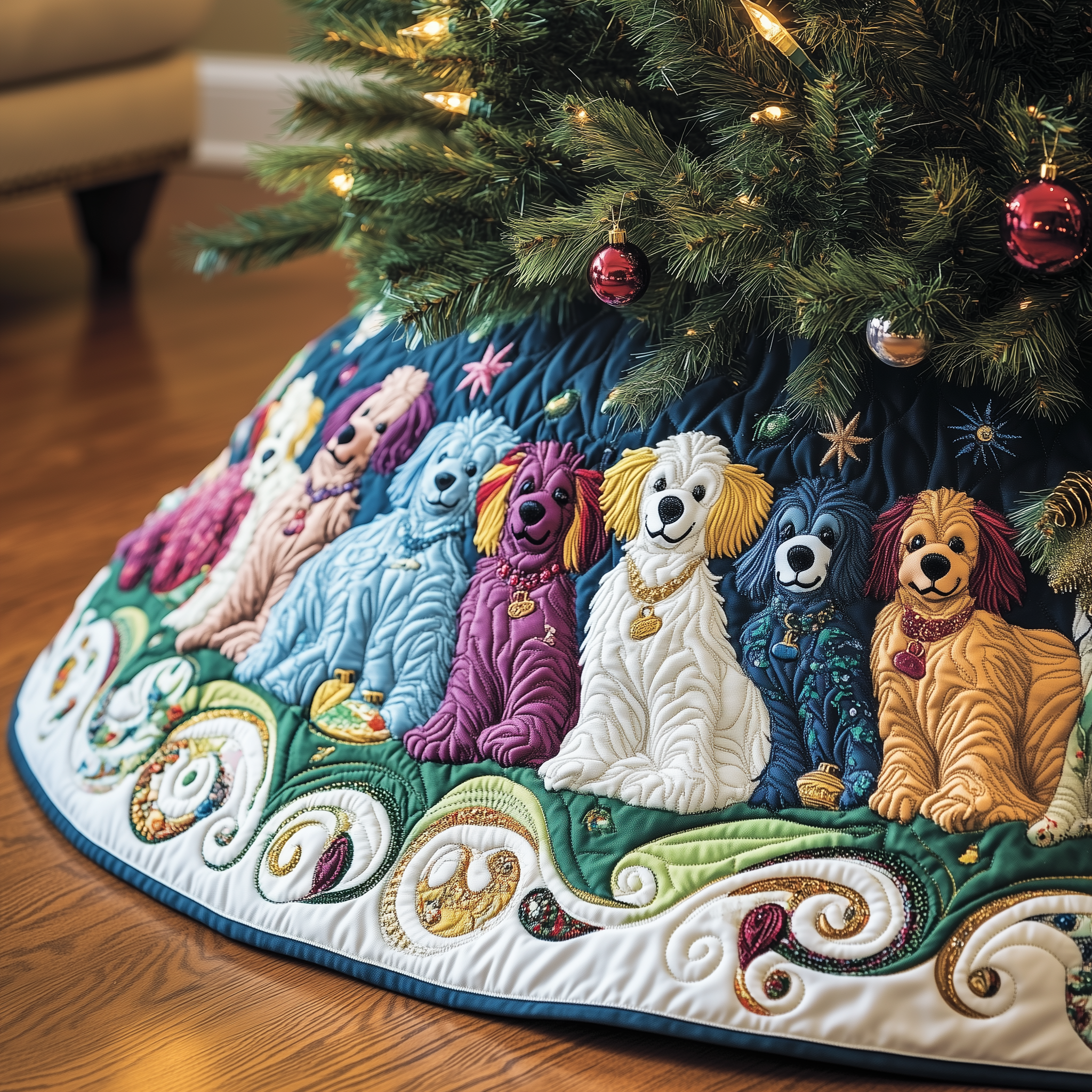 Adorable Dog Christmas Tree Skirt Quilted Spaniel Lover Handmade Holiday Gift for Home