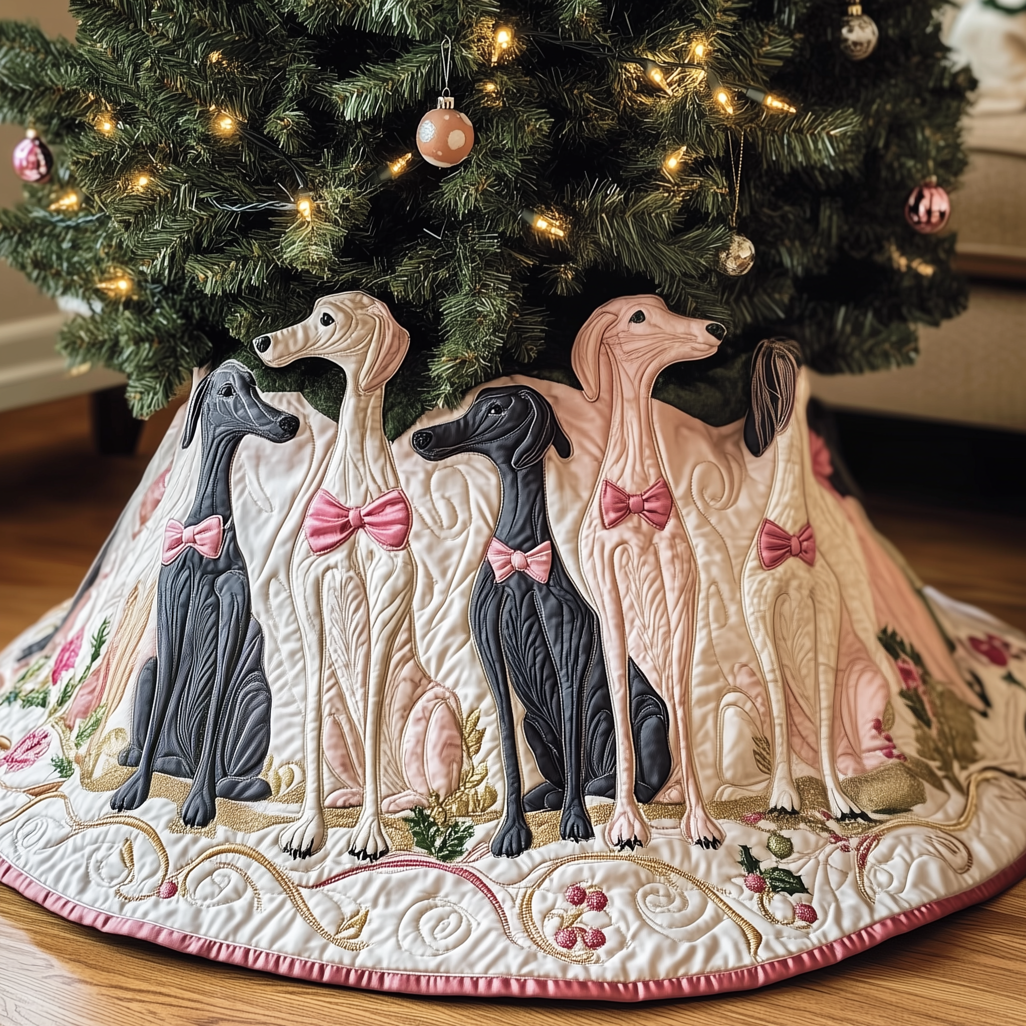 Adorable Dog Design Christmas Tree Skirt Quilted Greyhound Handmade Holiday Decoration Gift