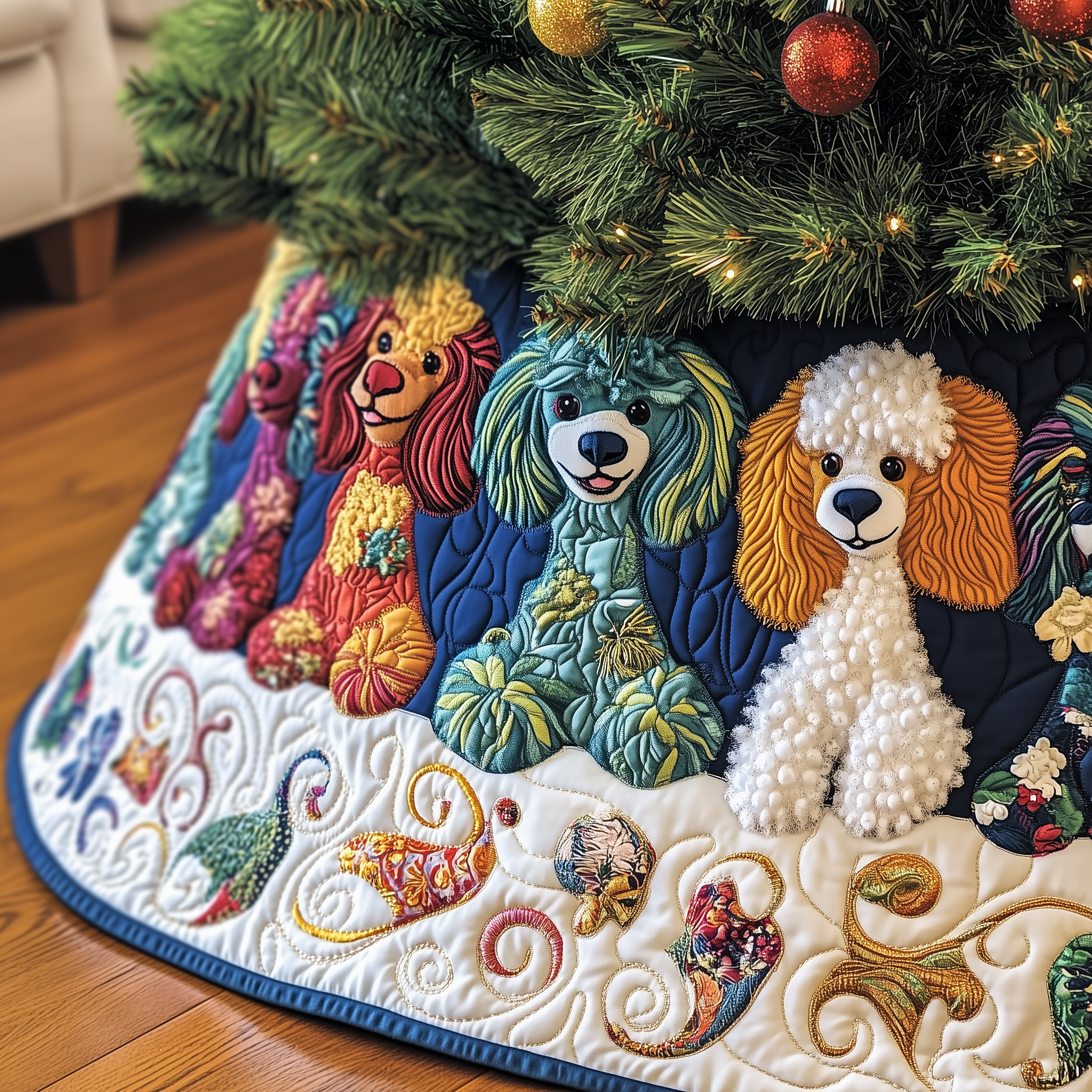 Adorable Dog Design Christmas Tree Skirt Quilted Handmade Holiday Decoration Gift Idea