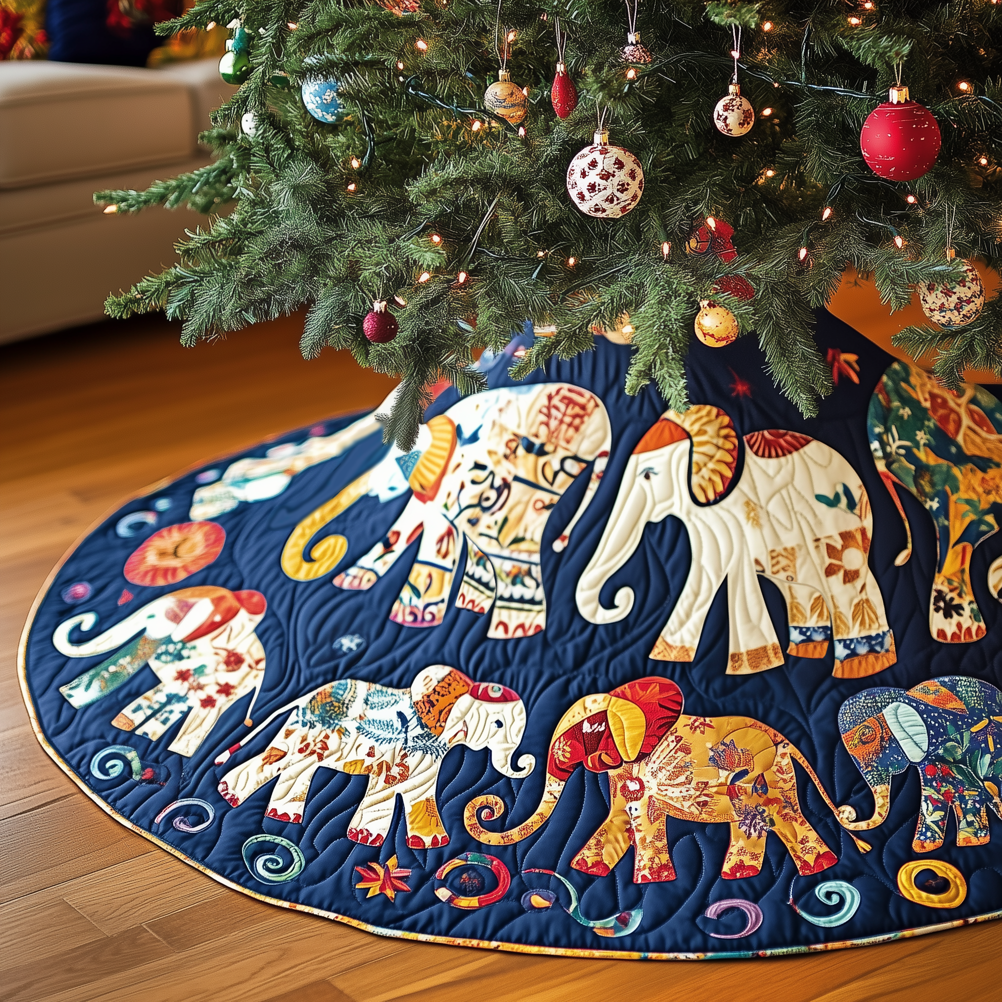 Adorable Elephant Design Modern Tree Skirt Quilted Handmade Holiday Gift for Home Decor
