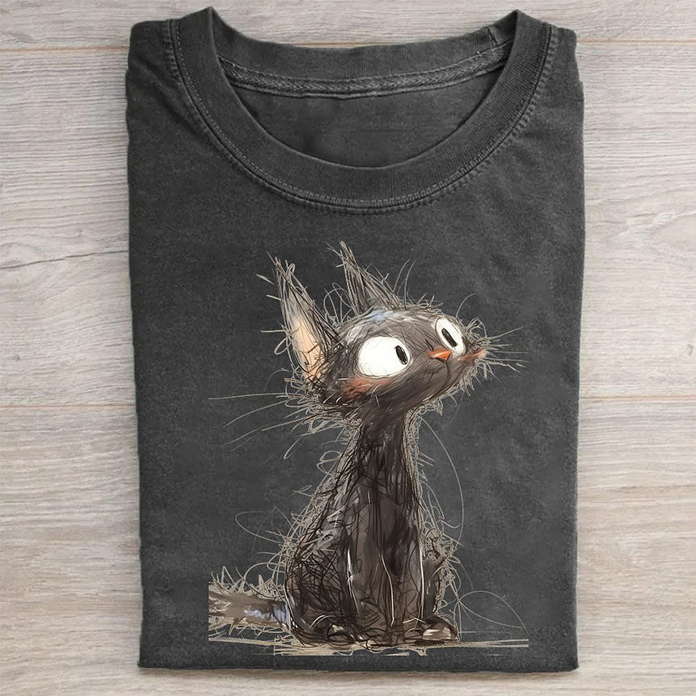 Adorable Fluffy Cat Graphic Print T-Shirt Funny Cat Mom Dad Gift Tee
