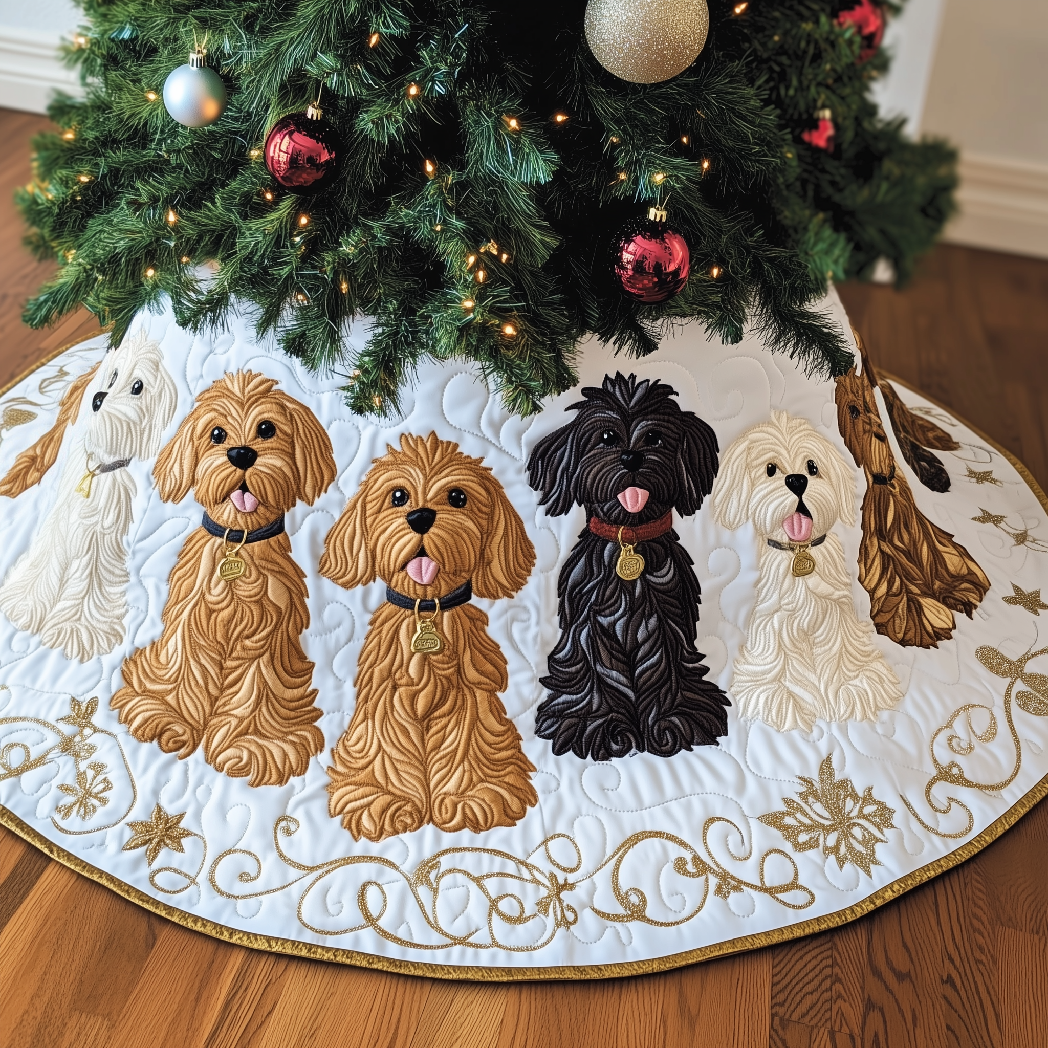 Adorable Fluffy Dog Christmas Tree Skirt Quilted Handmade Pet Lover Holiday Decoration Gift