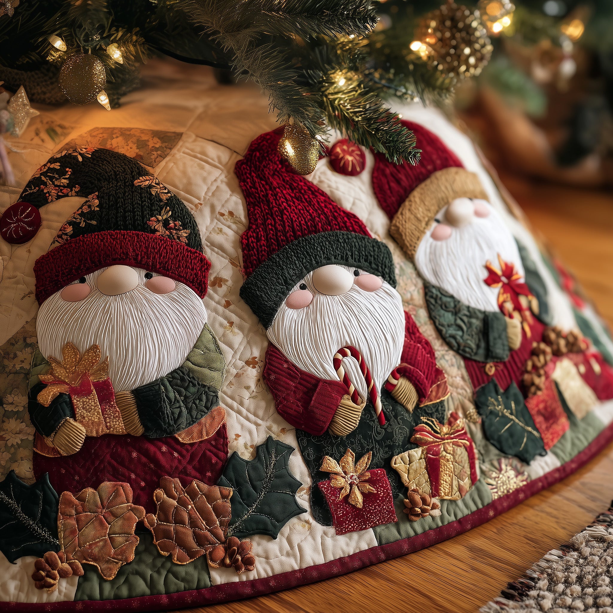 Adorable Gnome Christmas Tree Skirt Quilted Handmade Holiday Decoration Gift for Family