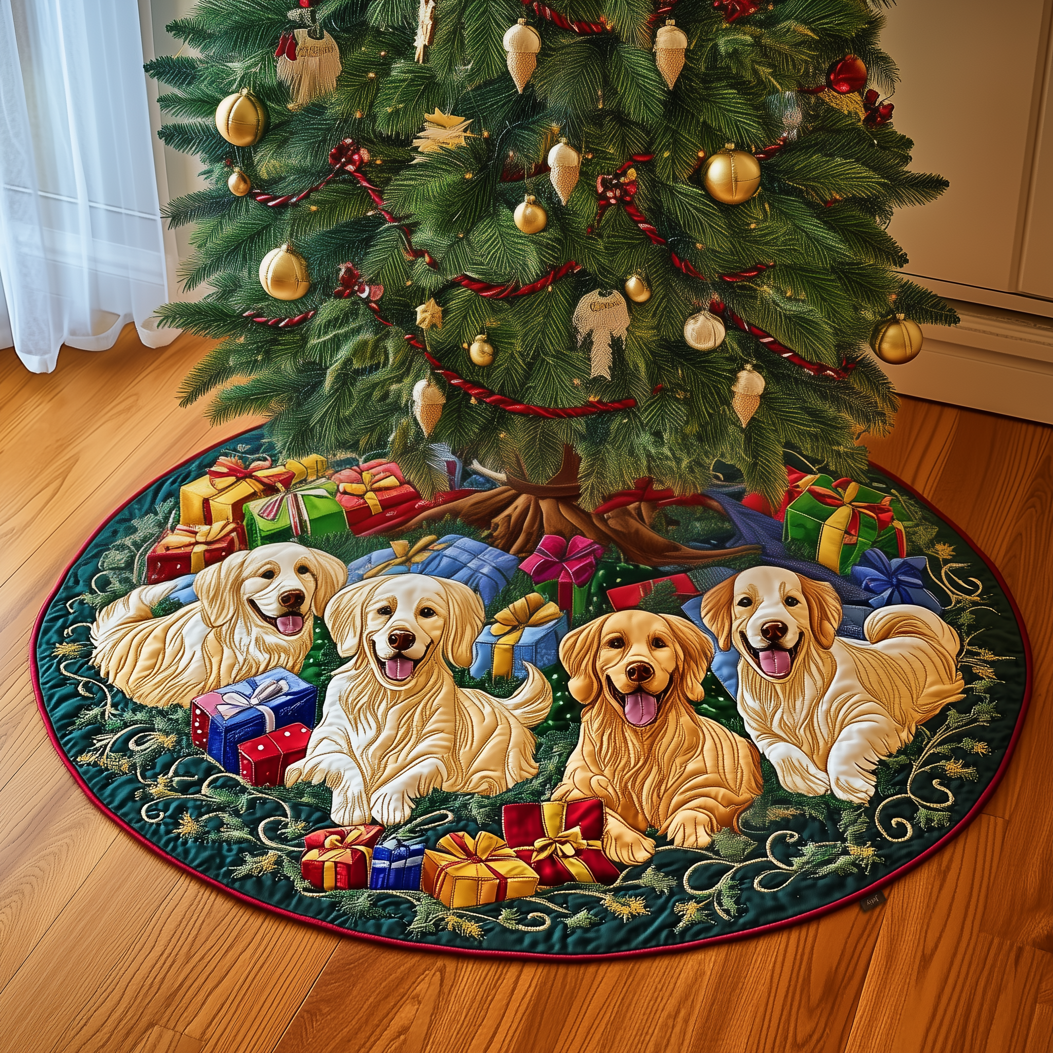 Adorable Golden Retriever Christmas Tree Skirt Quilted Handmade Holiday Decoration Gift Idea