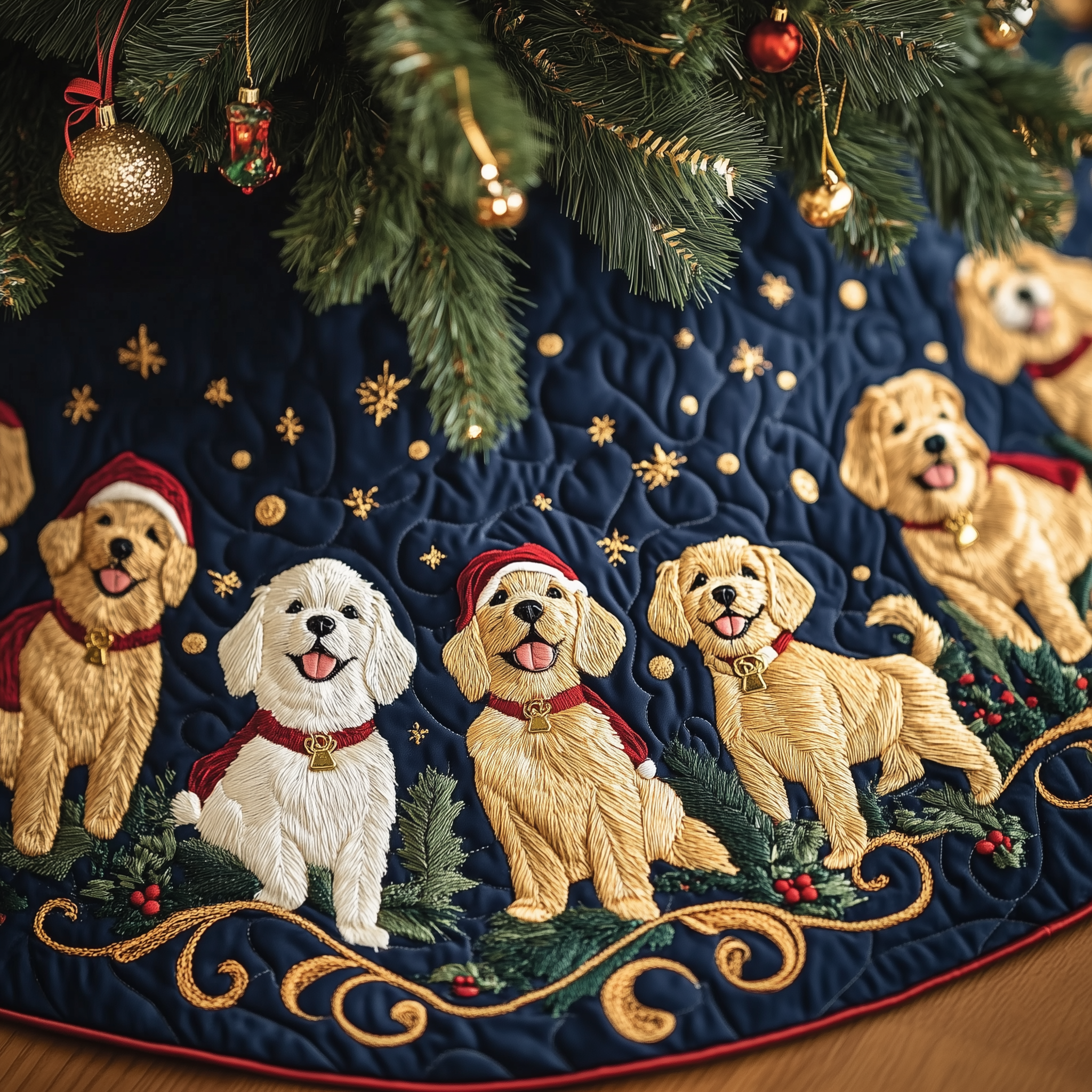 Adorable Golden Retriever Quilted Christmas Tree Skirt Handmade Holiday Decoration Gift