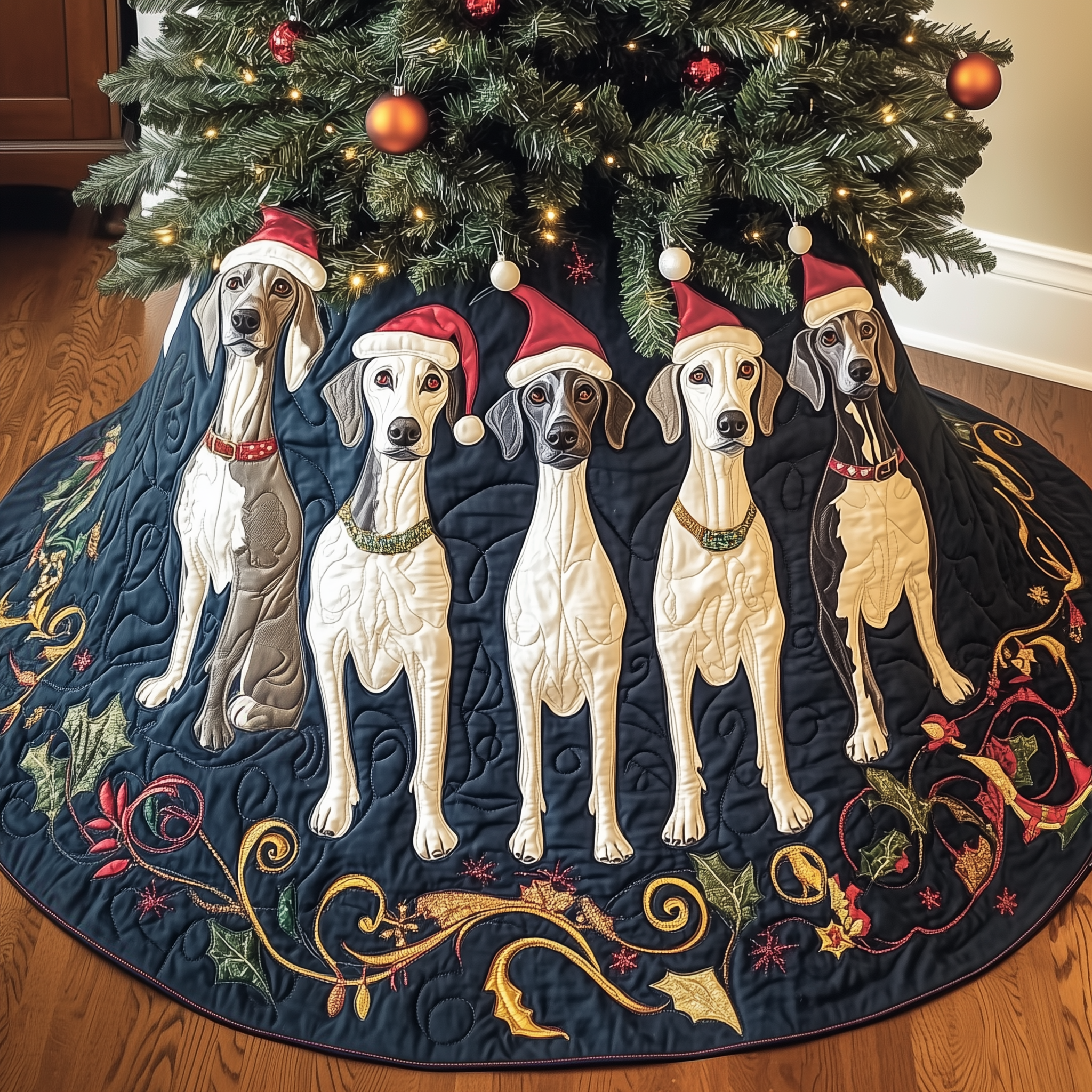 Adorable Greyhound Dog Christmas Tree Skirt Quilted Handmade Holiday Gift for Pet Lovers