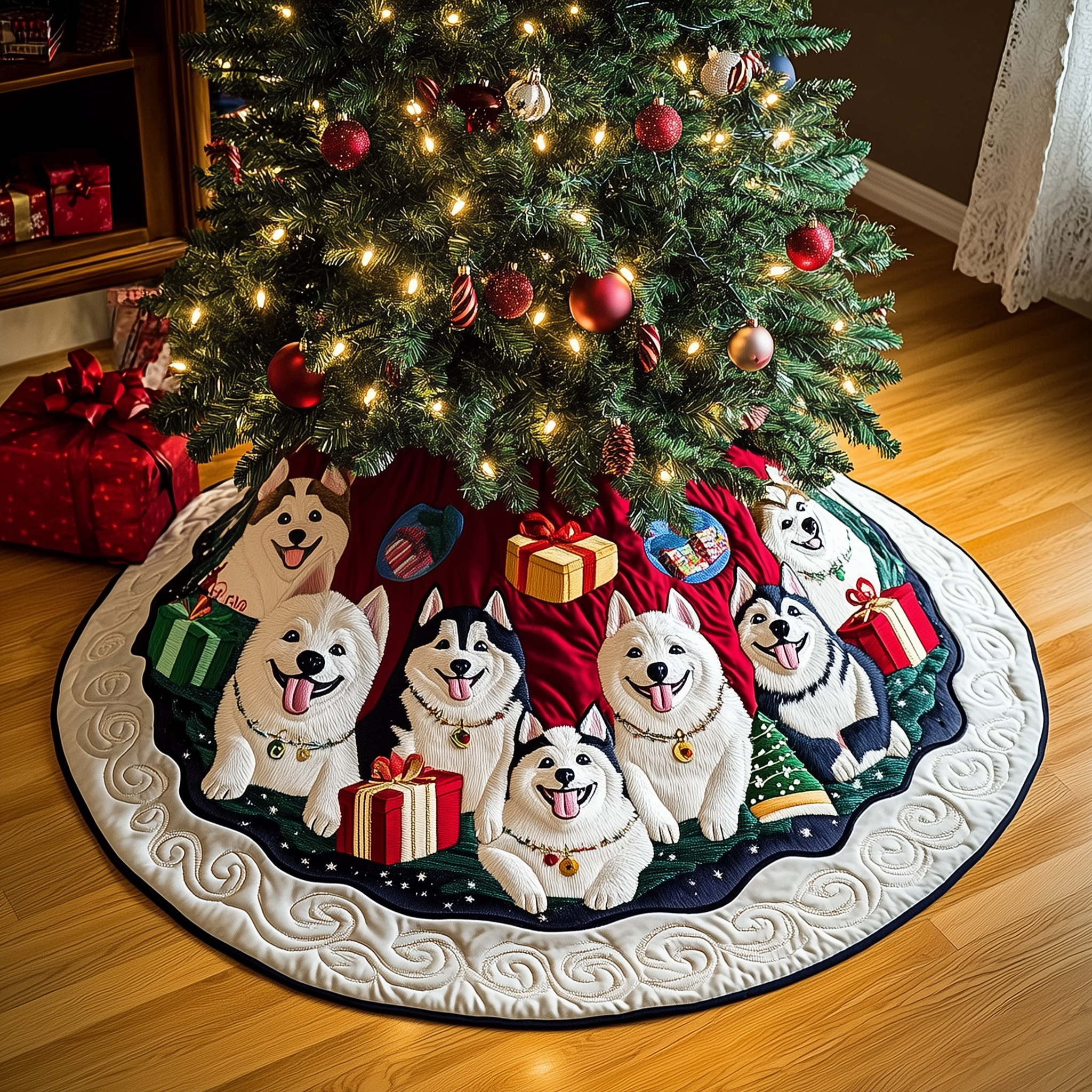 Adorable Husky Christmas Tree Skirt Quilted Holiday Decoration Gifts For Husky Owners