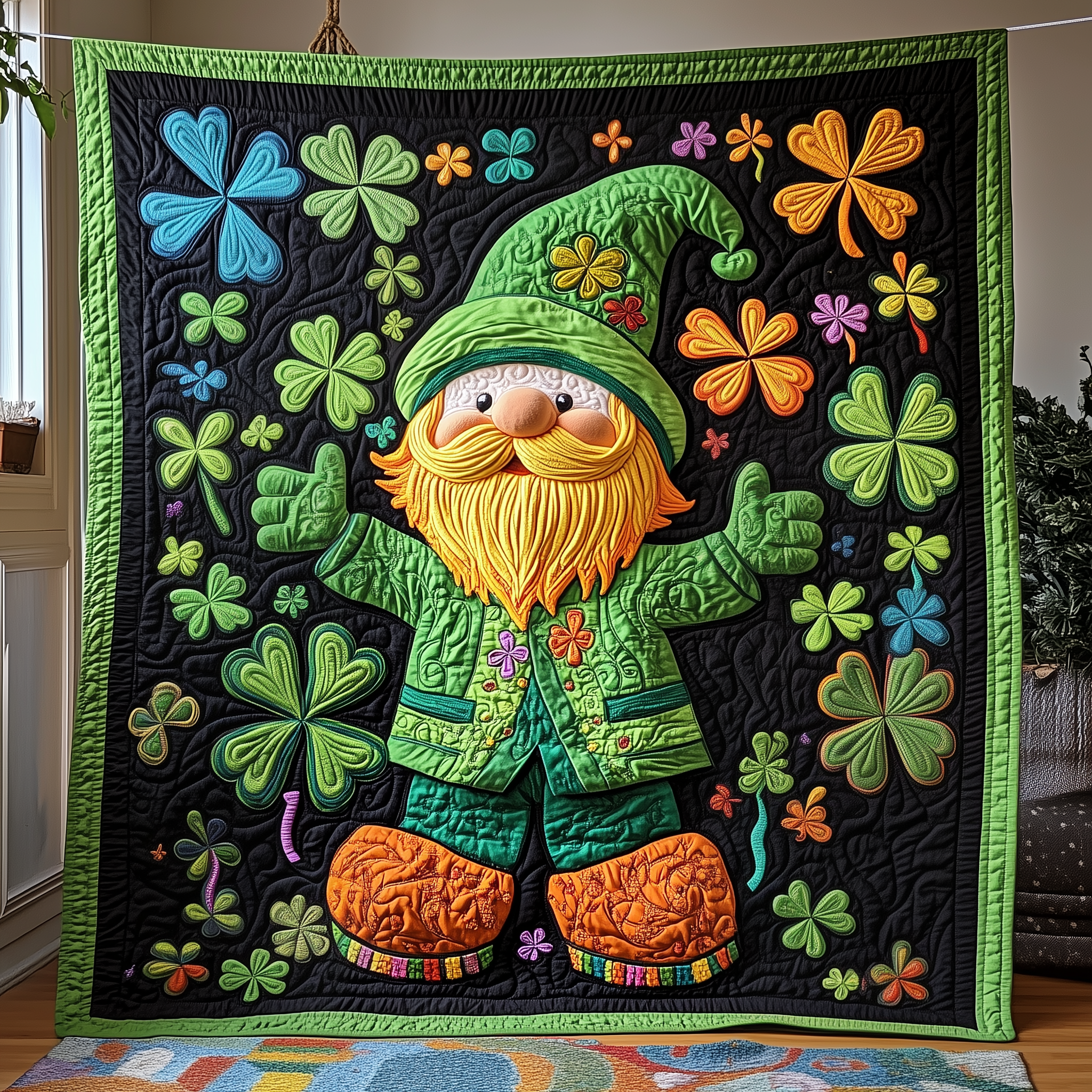 Adorable Irish Gnome Cute Design Quilted Blanket Christmas Holiday Gnome St Patrick Day Gifts