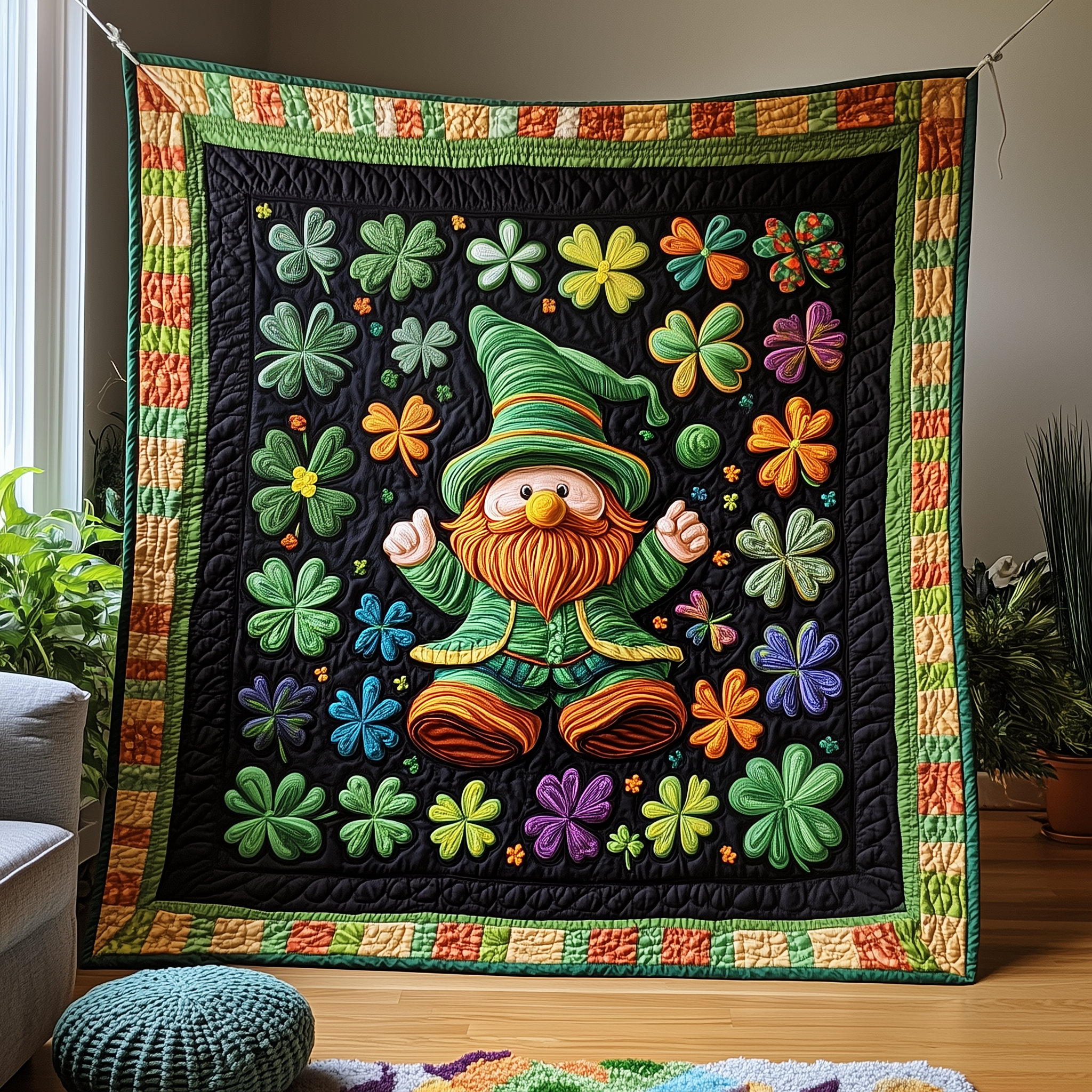Adorable Irish Gnome Lucky Quilted Blanket St Patrick Day Holiday Gnome Gifts For Christmas